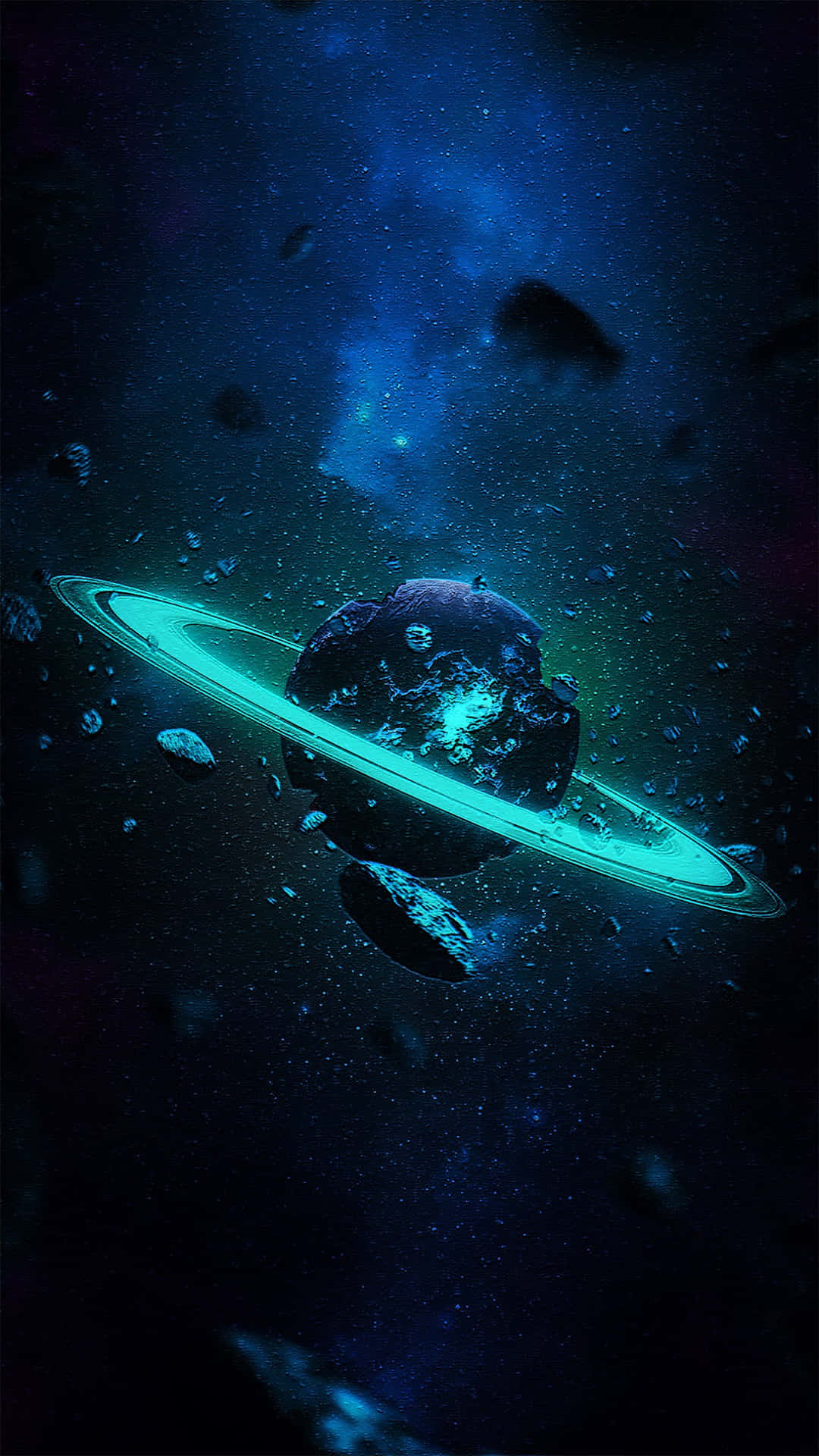  壁紙 — 一顆發光的青綠色環狀行星漂浮在星塵和星雲天空下的宇宙碎片中。