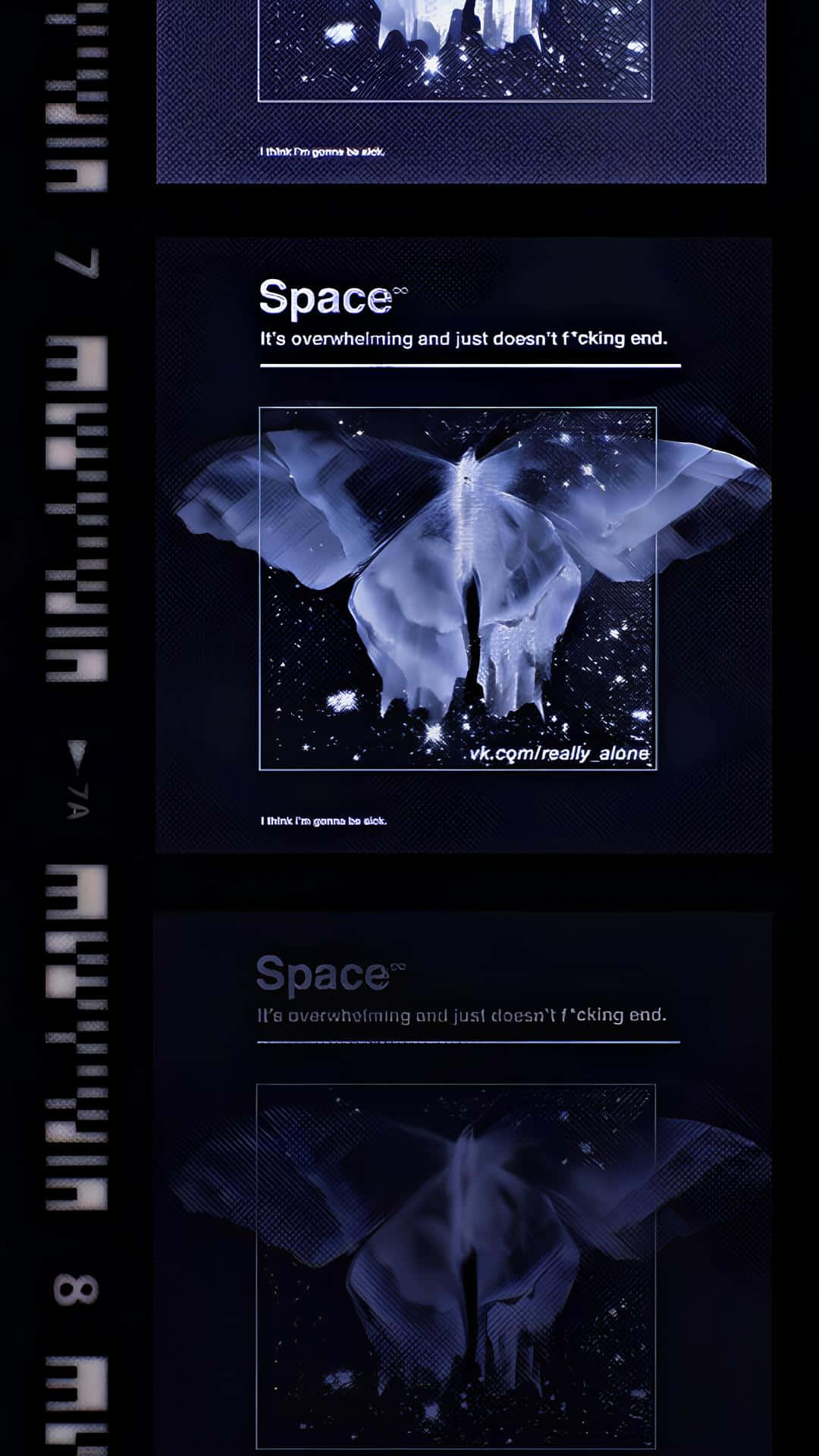  壁紙 — 一隻發光半透明的飛蛾，帶有星光翅膀，漂浮在黑暗的宇宙背景上，帶有文字疊加。