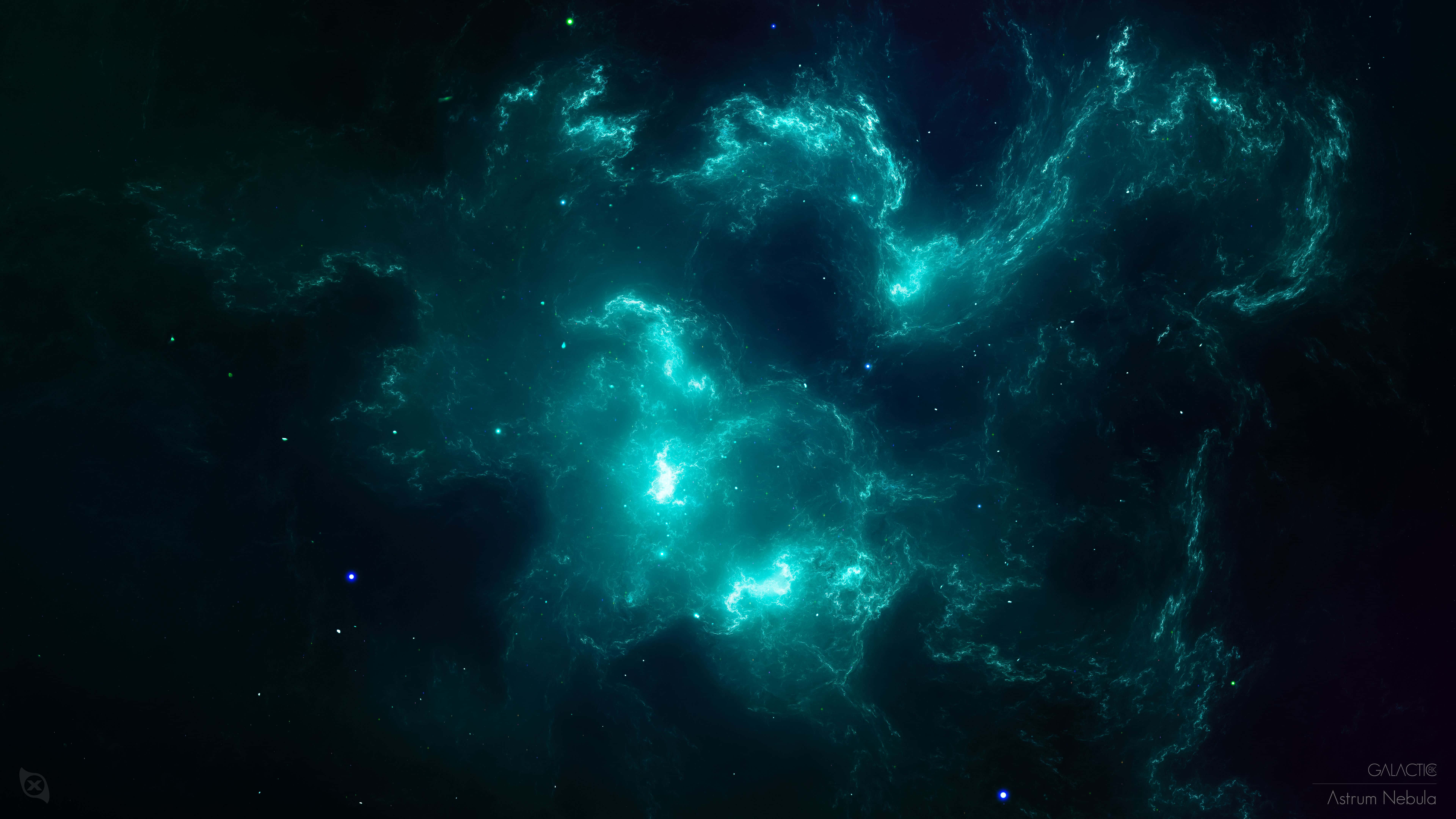 Teal Blue 桌布 壁紙 — 發光的藍綠色星雲在深邃的黑色宇宙背景中旋轉，背景點綴著遙遠的星星。