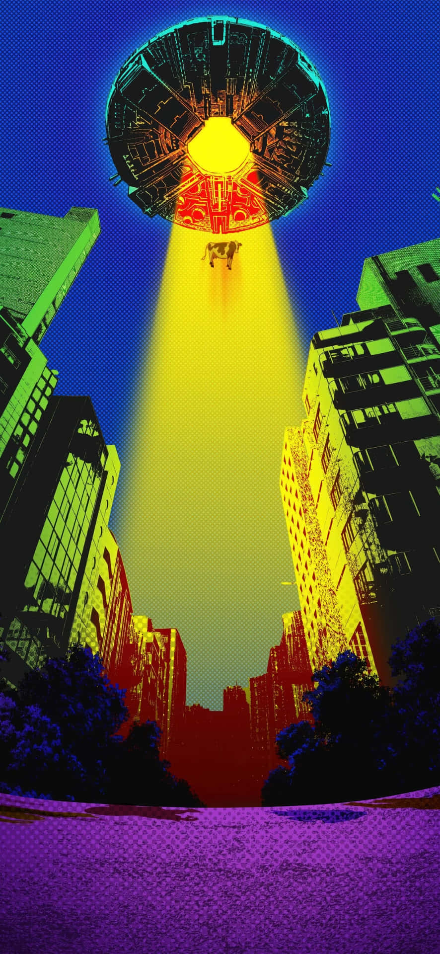  壁紙 — 一個發光的UFO懸浮在城市街道上空，將一道黃色光束投射到下方的一個小人影上。
