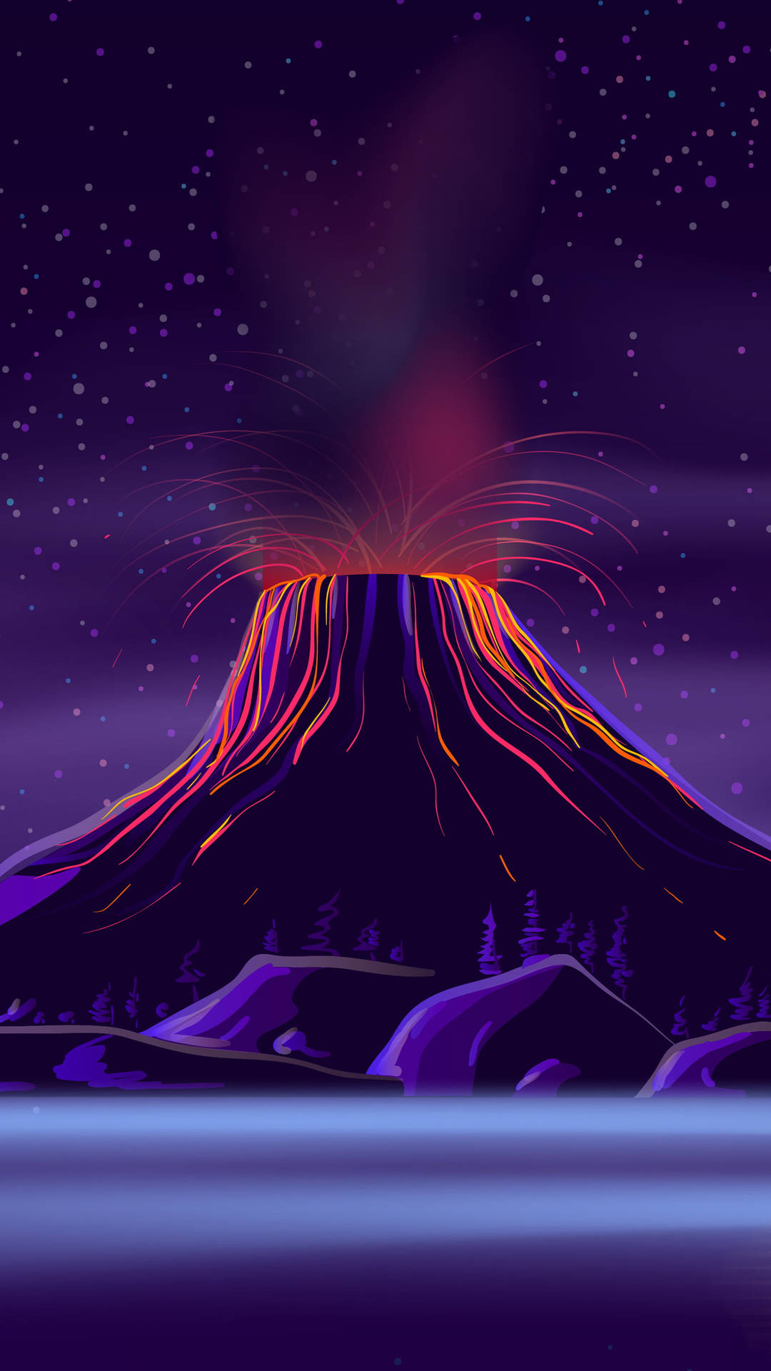 一座發光的火山在繁星點點的紫色天空下噴發出火熱的熔岩。