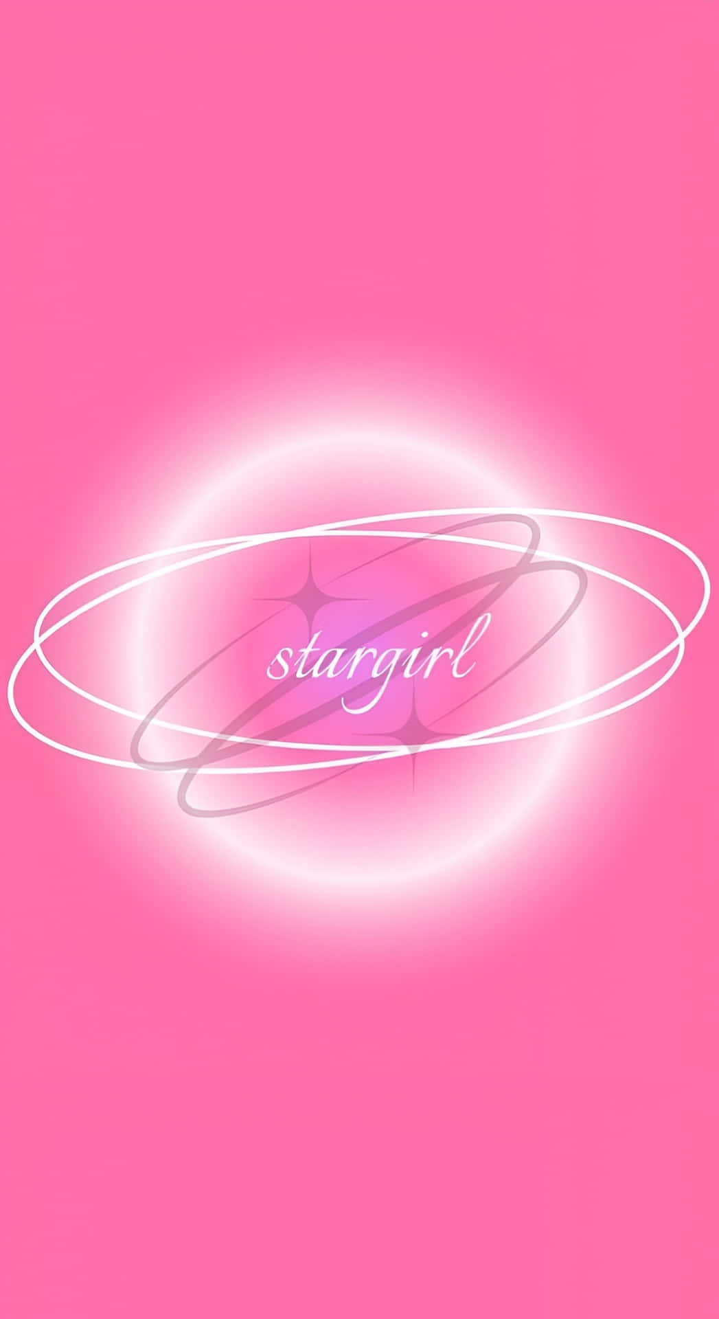  壁紙 — 一個發光的白色球體，帶有旋轉的線條和單詞 stargirl，在充滿活力的粉紅色背景上閃閃發光。