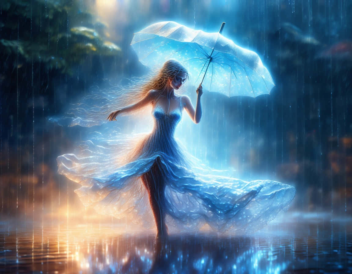  壁紙 — 一位發光的女子身穿飄逸的藍色長裙，在暮色中的雨林裡，在一把發光的傘下跳舞。