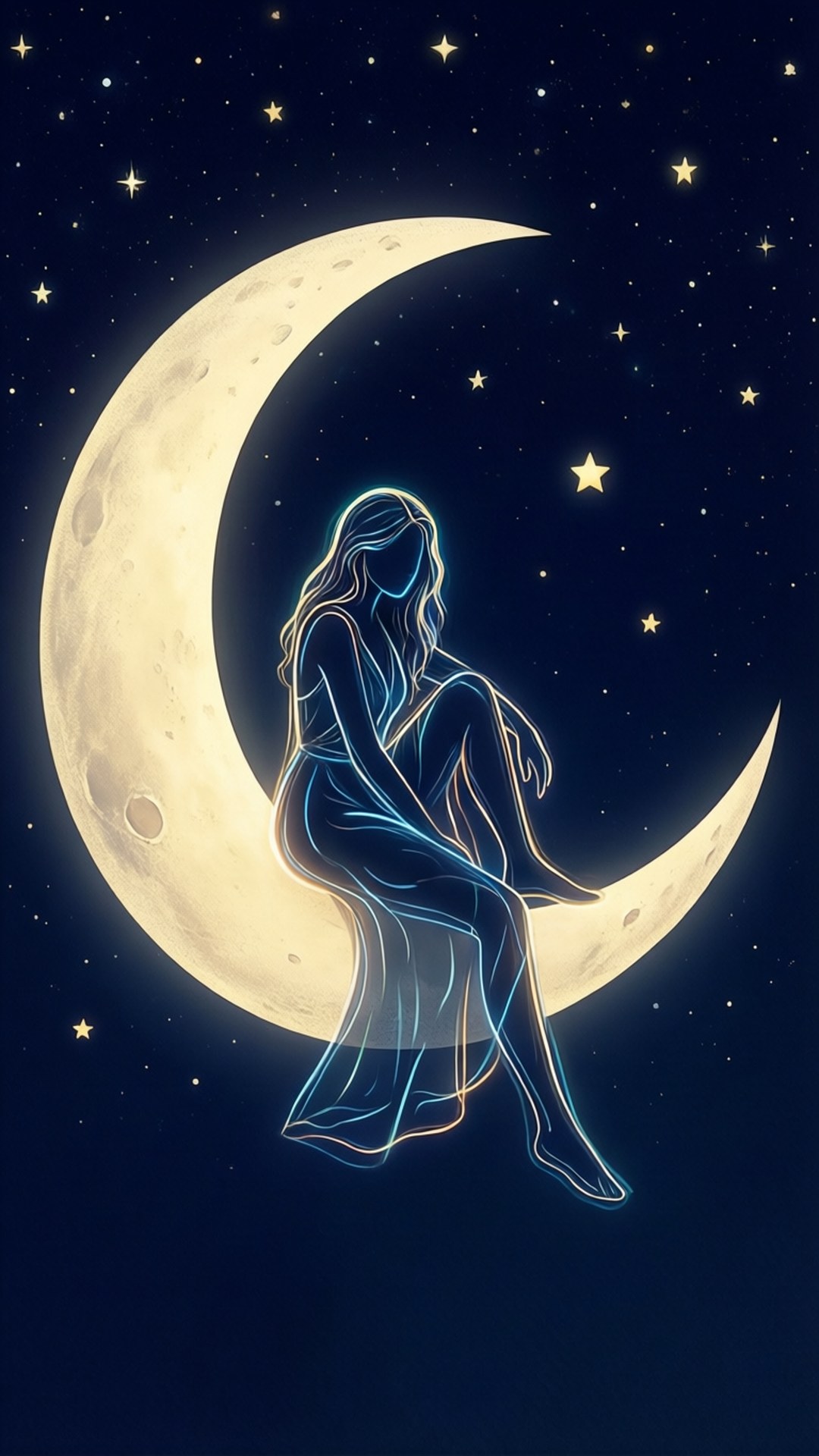 發光的女性以藍色和金色坐在新月上，背景是繁星點點的夜空