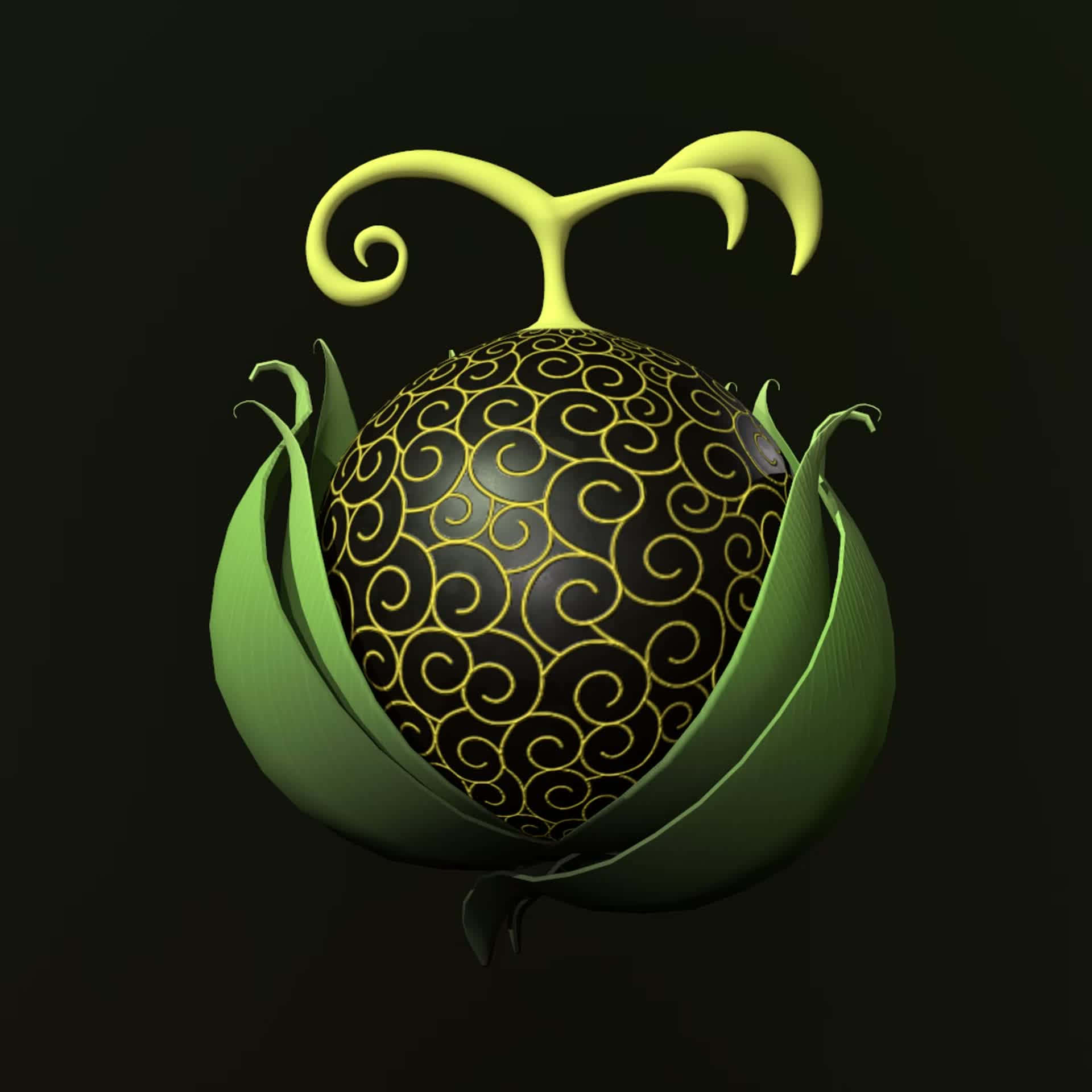 Devil Fruit 桌布 壁紙 — 一個發光的黃色螺旋圖案水果，藏在綠色葉子中，背景為深色。