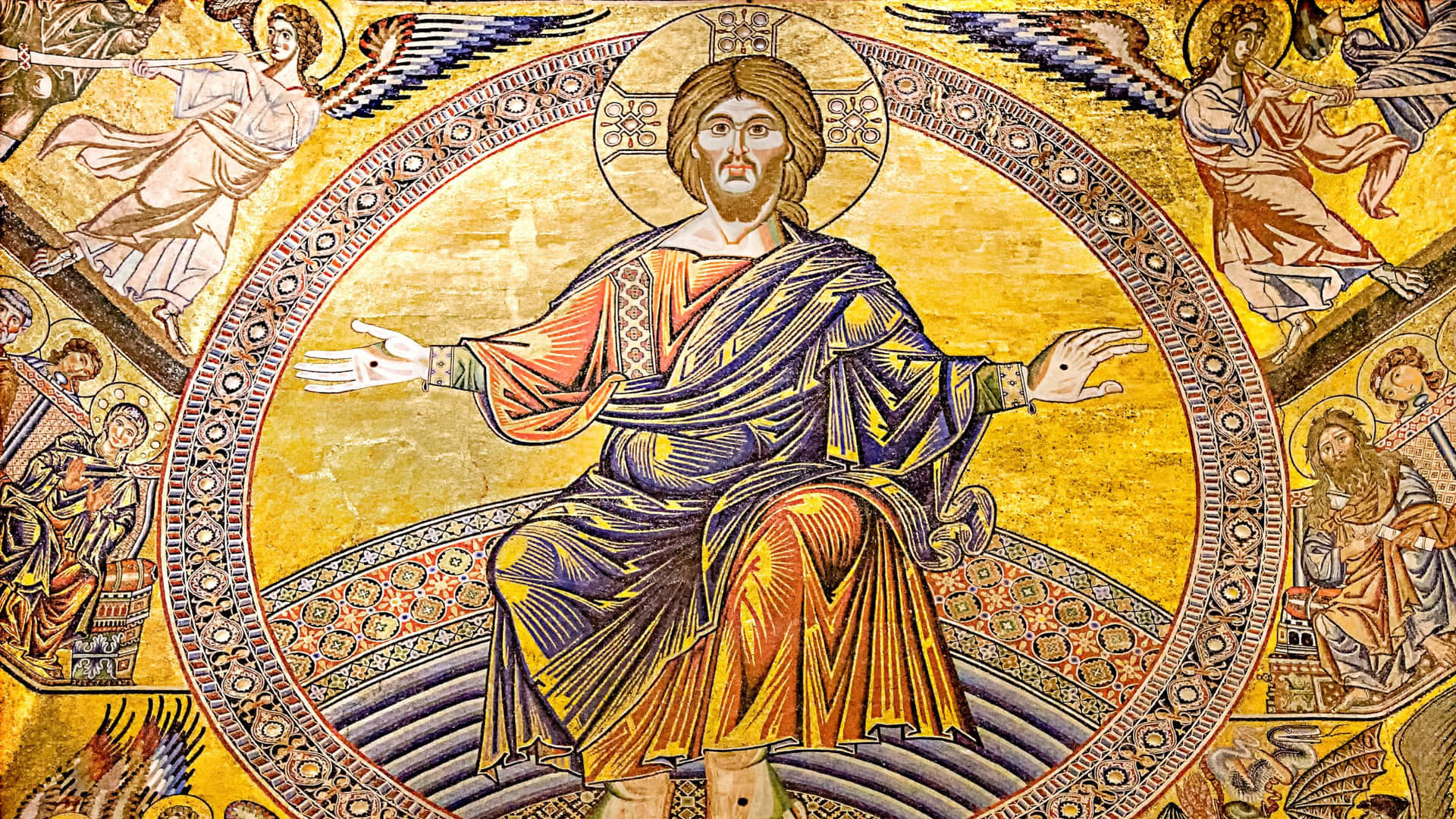 金色拜占庭馬賽克中基督坐在寶座上，被天使環繞。