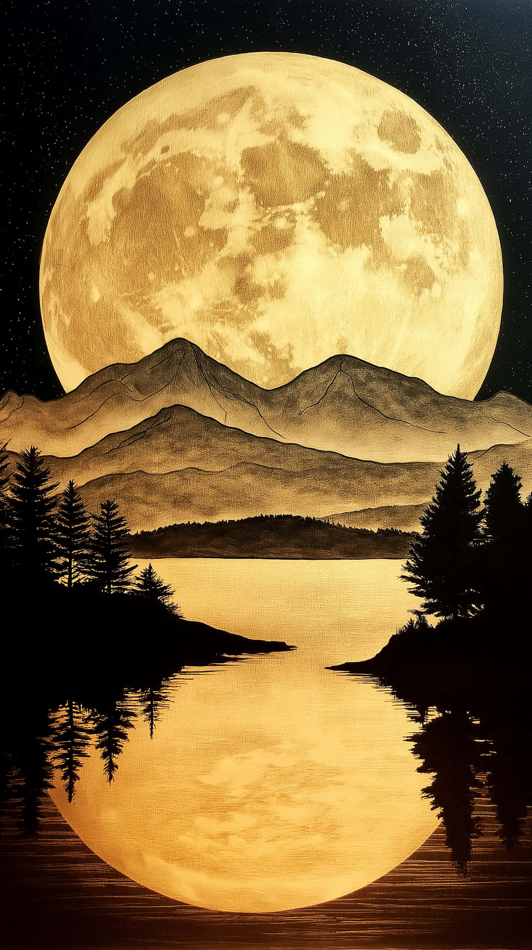滿月在山和湖上，松樹剪影映襯星空