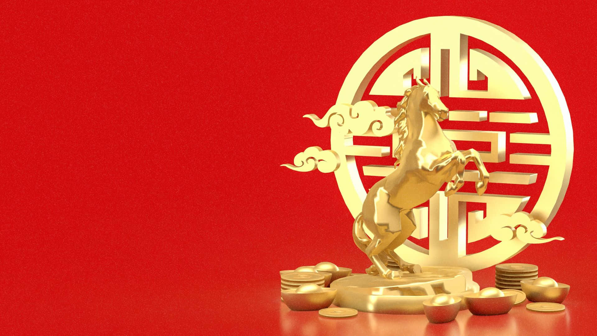  壁紙 — 一匹金色馬雕像自豪地矗立在一個圓形漢字徽章前，周圍環繞著金幣，背景為鮮豔的紅色。