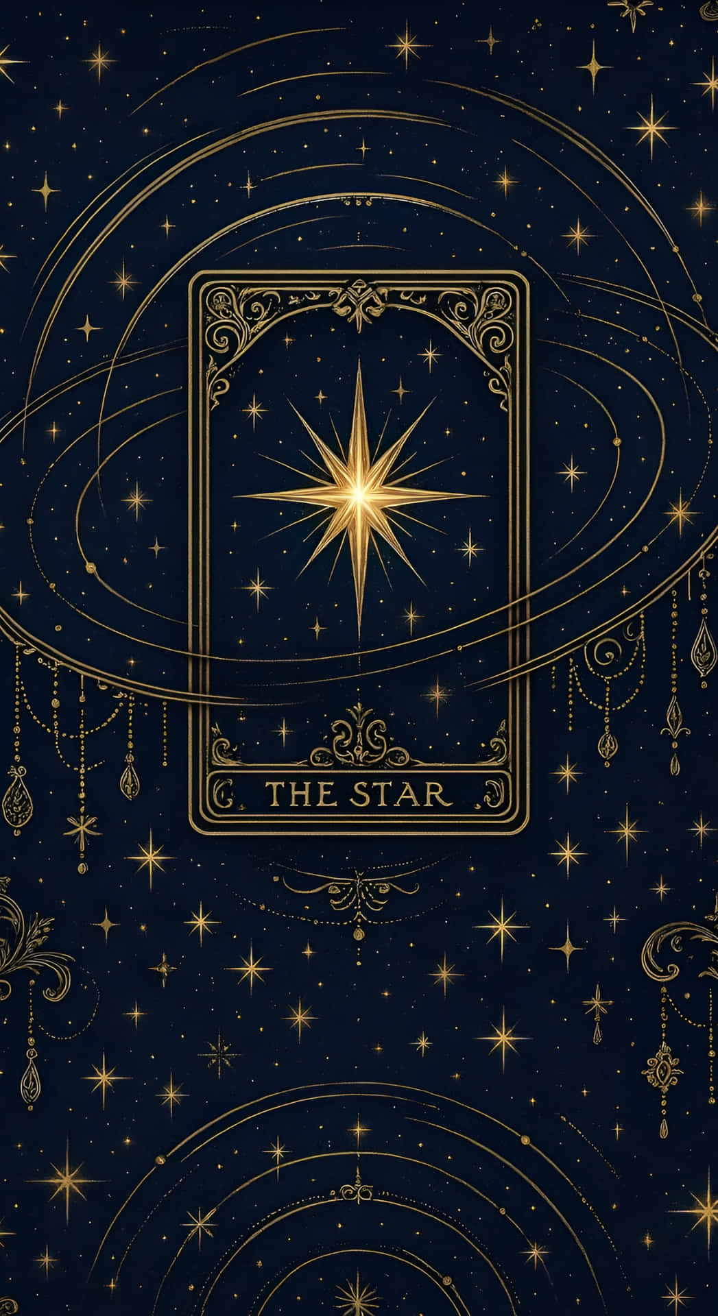  壁紙 — 一張金色華麗的塔羅牌，上面標有「THE STAR」，在深藍色星空背景中散發著光芒，並帶有漩渦狀的天體圖案。
