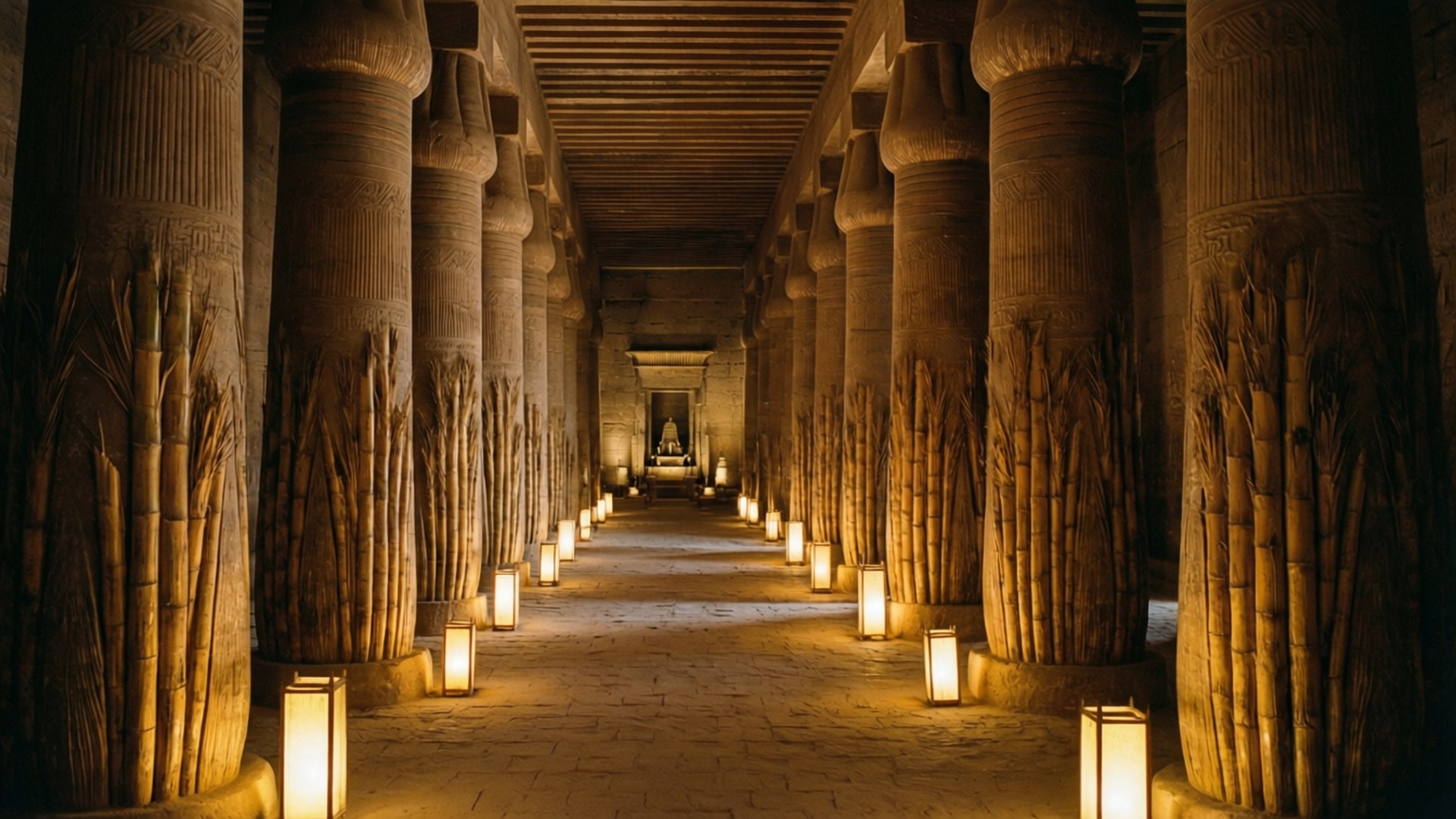 Colonnade Interior 壁紙 — 一條宏偉的古老寺廟走廊，兩旁排列著巨大的雕刻柱子，由溫暖的燈籠照亮，投下長長的陰影。
