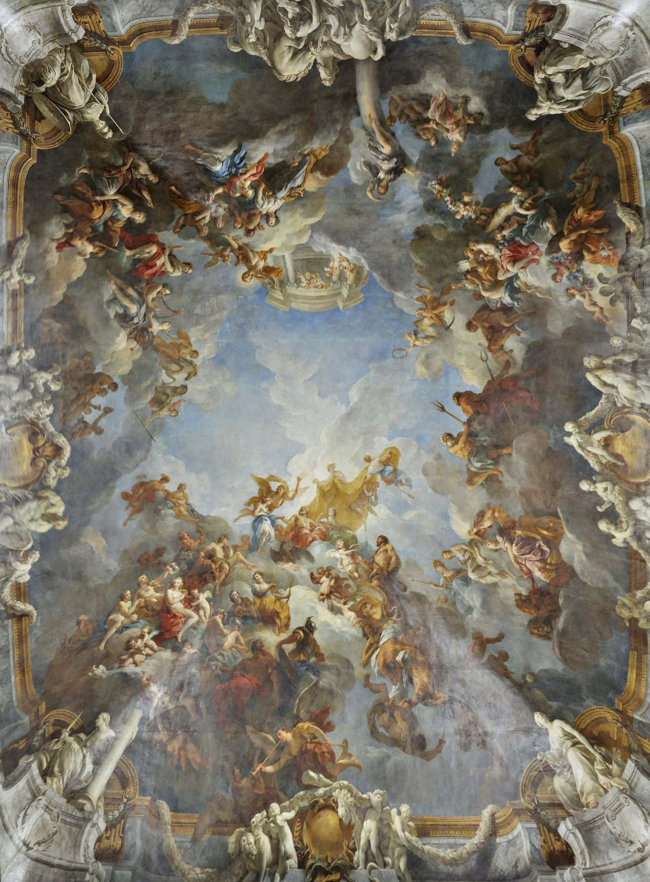 Renaissance 桌布 壁紙 — 一幅宏偉的巴洛克式天花壁畫描繪了神聖人物和天使在戲劇性的雲層中旋轉的天國場景。
