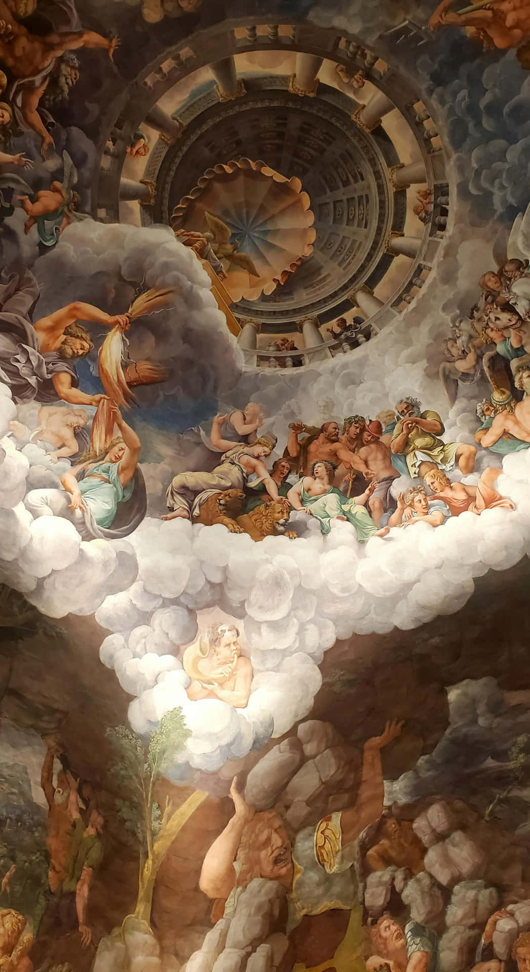  壁紙 — 一幅宏偉的巴洛克壁畫描繪神話人物在雲中圍繞著帶有古典建築的天體漩渦旋轉。