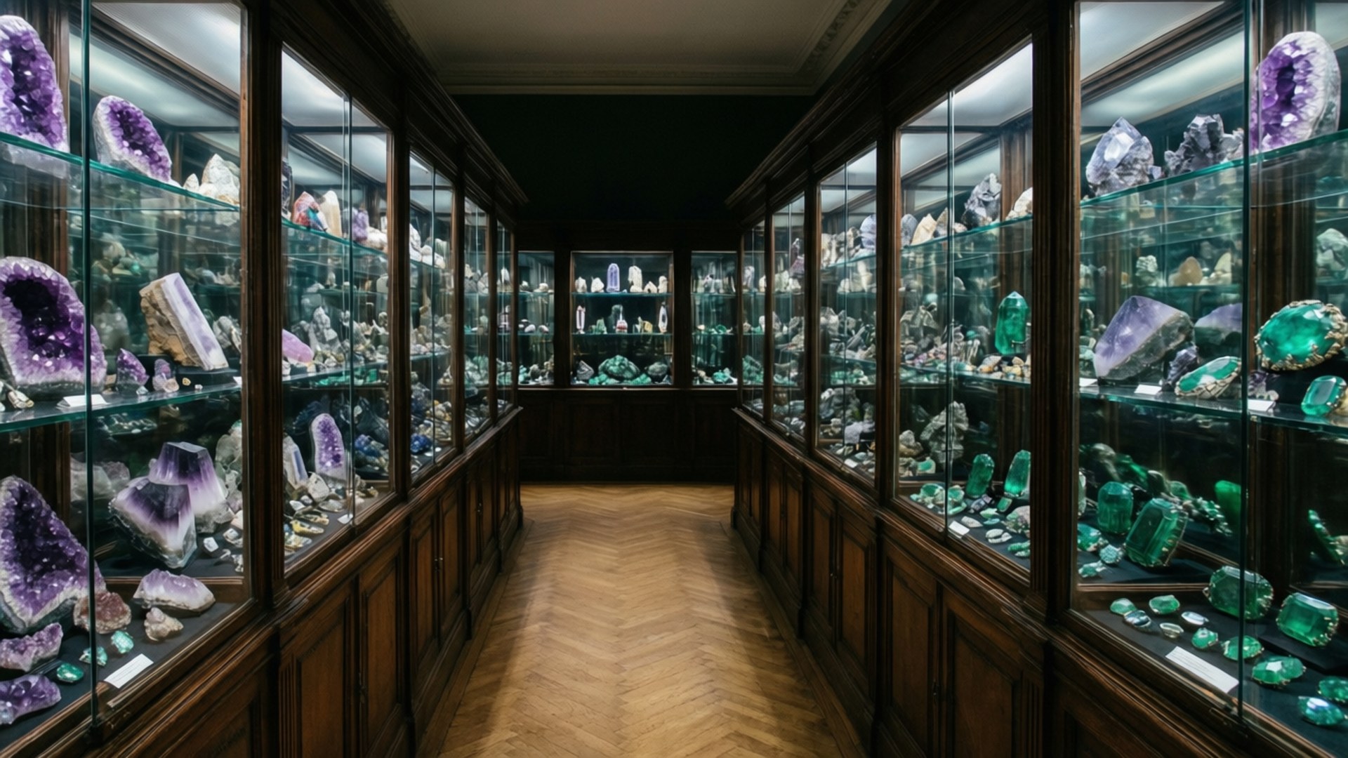 長走廊配有玻璃展示櫃，展示色彩繽紛的礦物和水晶。