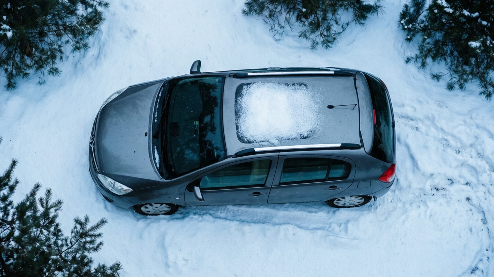 灰色汽車停泊在雪地森林中，被常綠樹環繞。