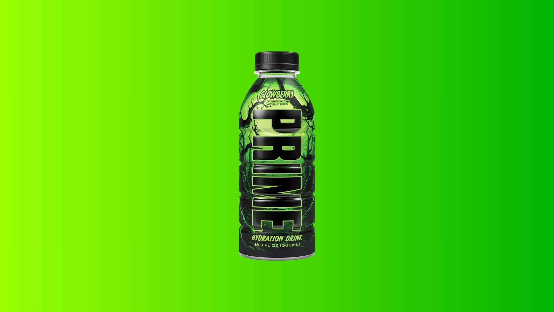  壁紙 — 一瓶綠色發光的Prime水合飲料，帶黑色瓶蓋和粗體文字，在充滿活力的青檸綠色背景上居中放置。