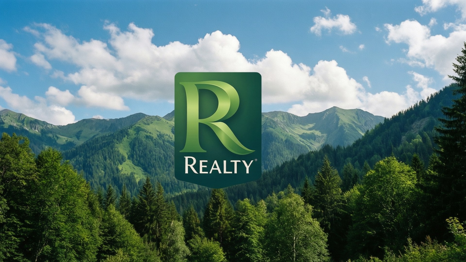 綠色Realty標誌疊加在風景如畫的山脈和森林背景上。