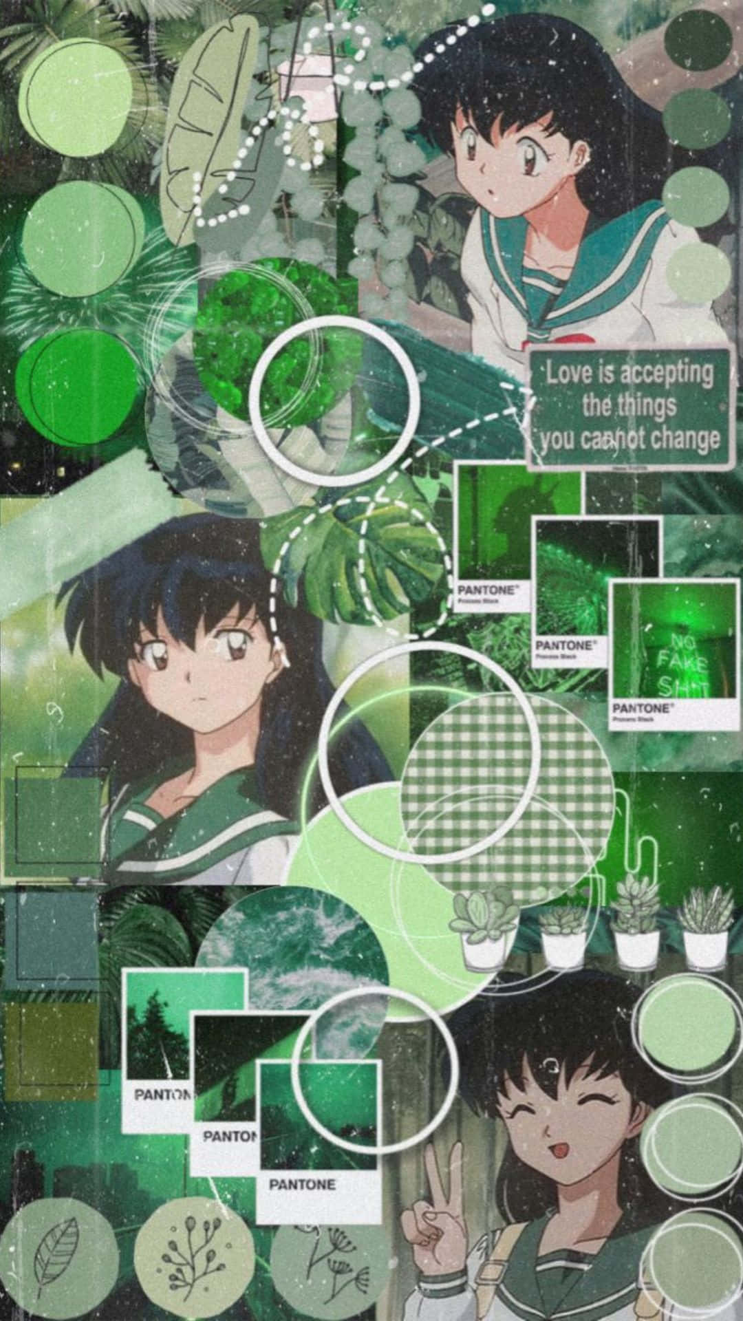 Kagome Higurashi 桌布 壁紙 — 以綠色為色調的動漫拼貼畫， featuring 美少女戰士角色、植物和彩通色票，並附有關於愛的語錄。