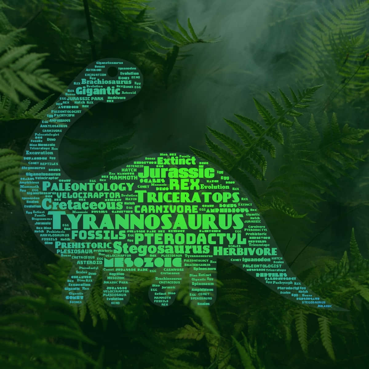  壁紙 — 一個綠色嘅文字雲，形狀似暴龍剪影，喺迷霧森林嘅茂密蕨類植物中浮現。