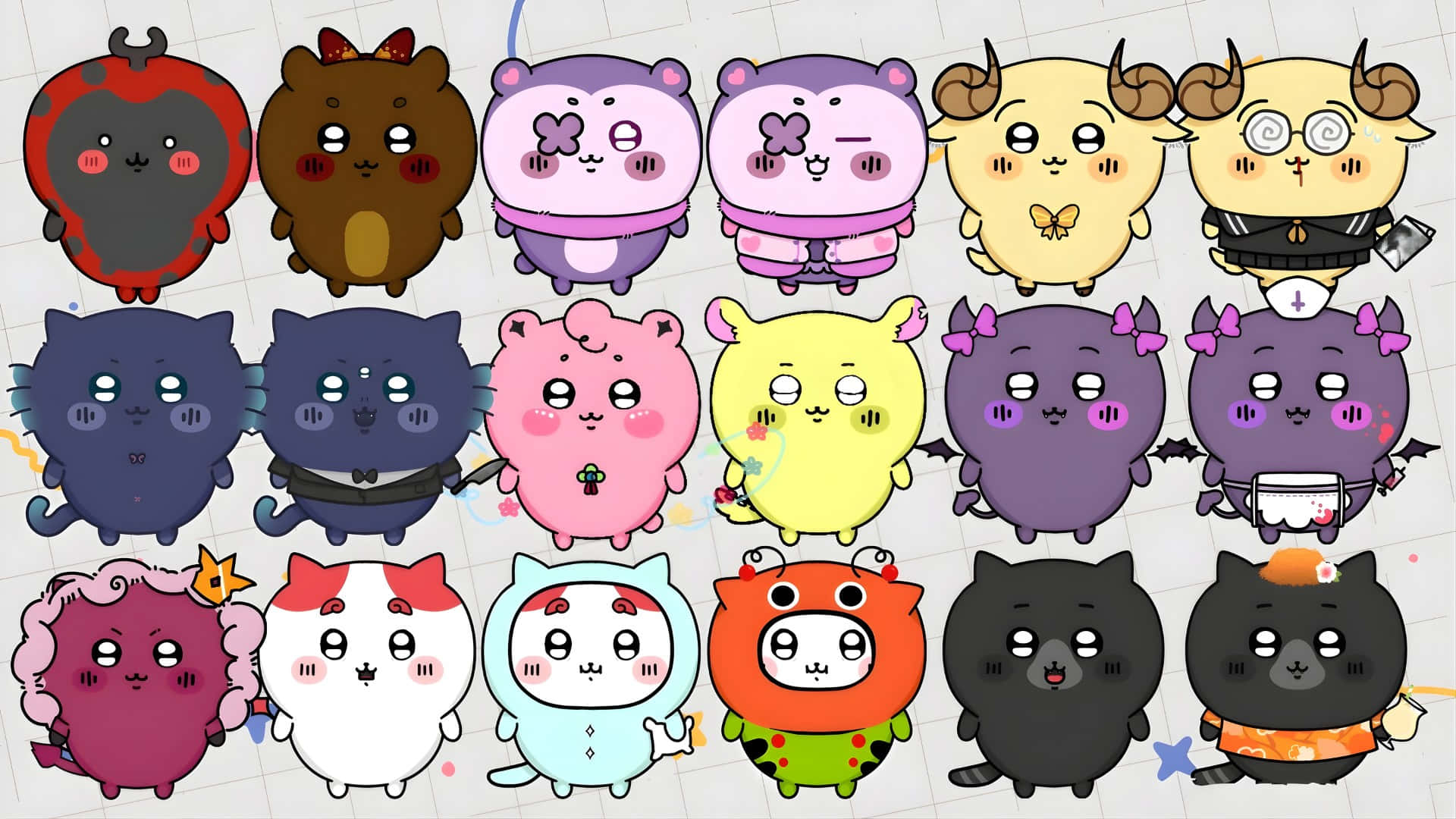  壁紙 — 一個由十六個可愛嘅chibi風格動物角色組成嘅網格，佢哋著住各種色彩繽紛嘅服裝同表情，背景係有線嘅紙。