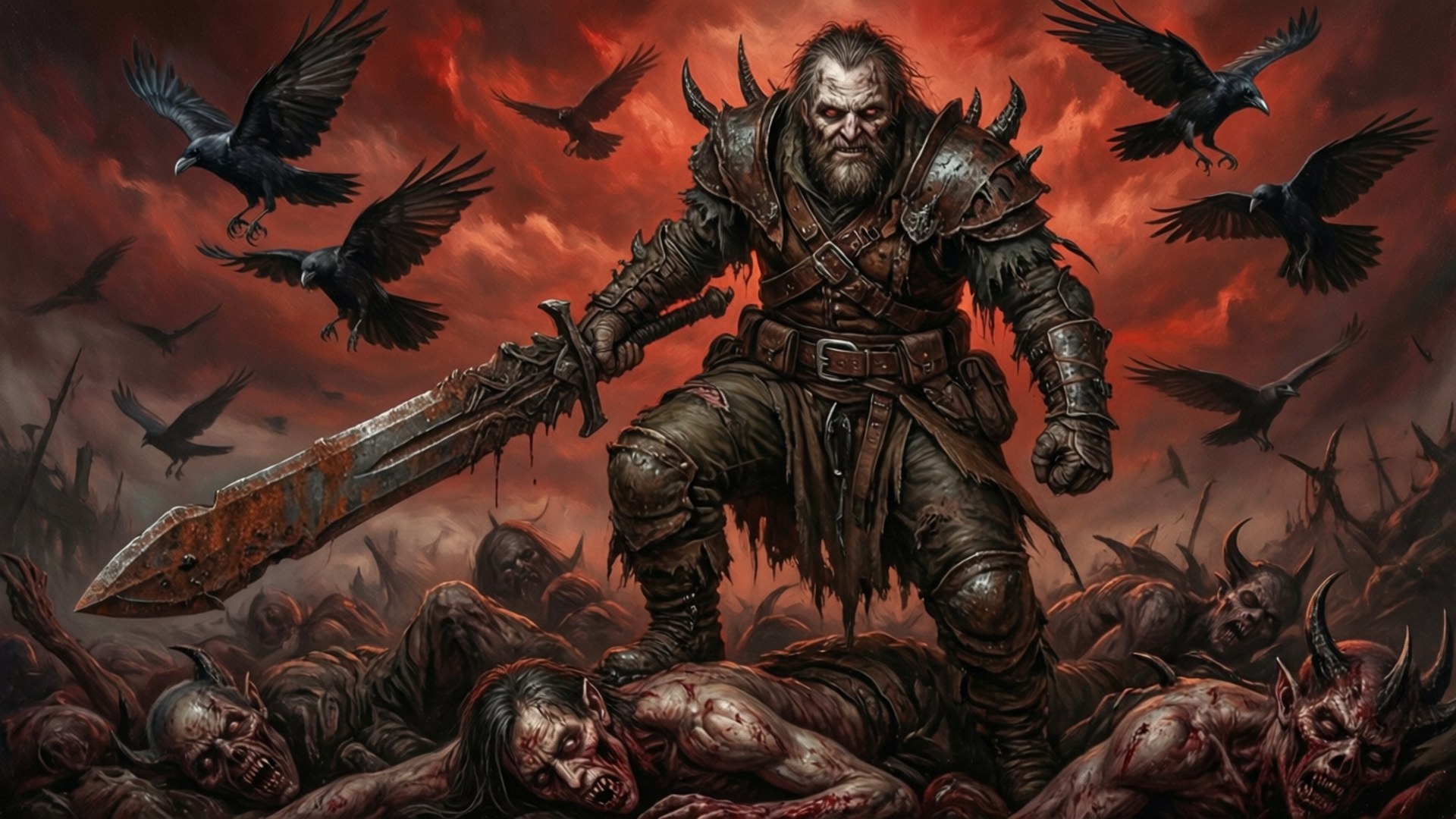 Trench Crusade 桌布 壁紙 — 一個身穿尖刺盔甲的陰沉戰士，站在倒下的惡魔之上，血紅的天空中盤旋著烏鴉。