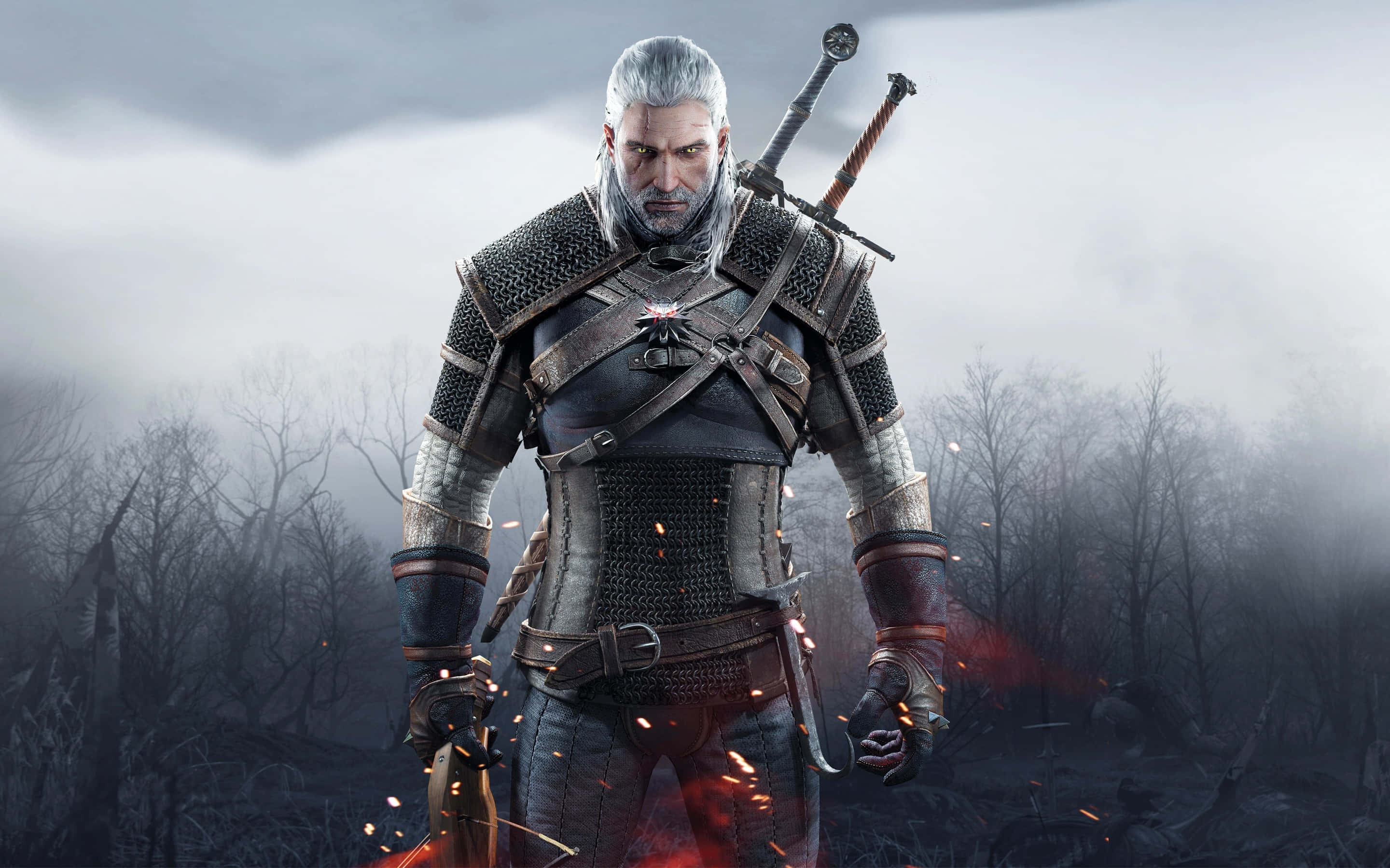 Geralt Of Rivia 桌布 壁紙 — 一位白髮雙刀的冷酷戰士站在迷霧森林中，刀刃上火花四濺。