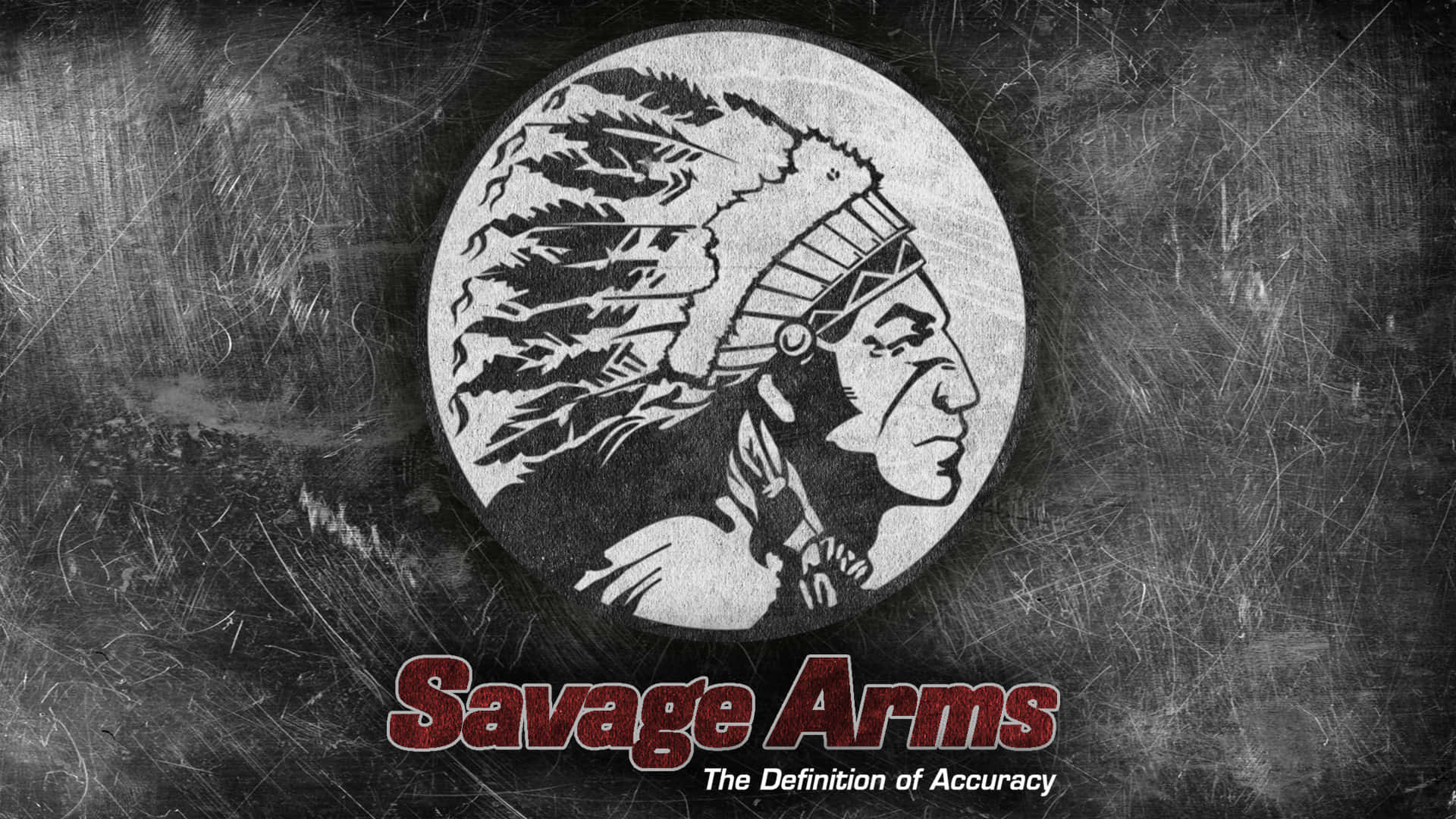 Savage Arms 標誌，以刮花金屬背景上的一位美洲原住民酋長側面輪廓及羽毛頭飾為特色。