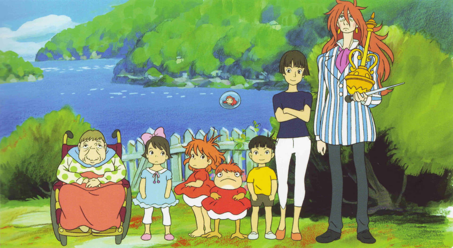  壁紙 — 一群動畫角色站在湖邊的圍欄旁，背景有茂密的綠色山丘和一個漂浮的魚缸。