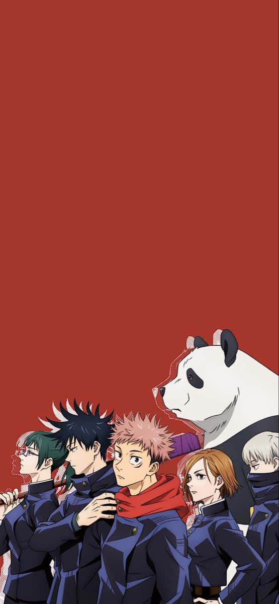  壁紙 — 一群穿著深色制服嘅動漫角色企喺純紅色背景前面，旁邊有一隻熊貓。