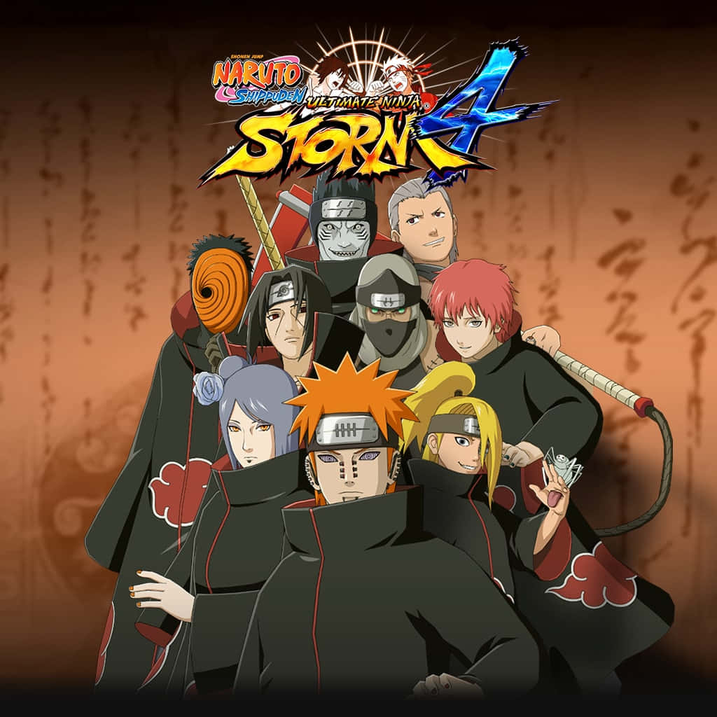 與 Akatsuki 一同深入角色 壁紙 — 一群身穿黑色斗篷、帶有紅色雲紋的動漫忍者，站在發光的遊戲標題標誌下。