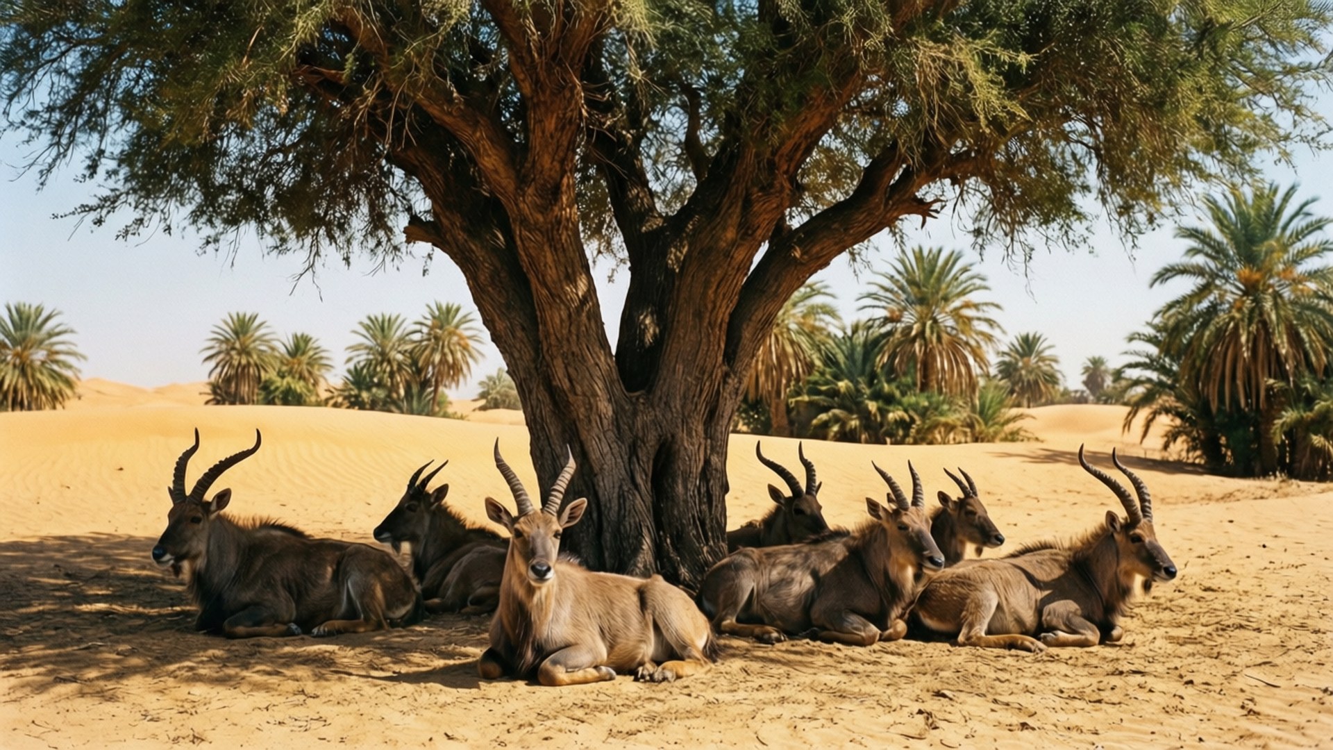 Urial 桌布 壁紙 — 一群羚羊在陽光明媚的沙漠綠洲中，被棕櫚樹環繞，在一棵大樹的陰影下平靜地休息。