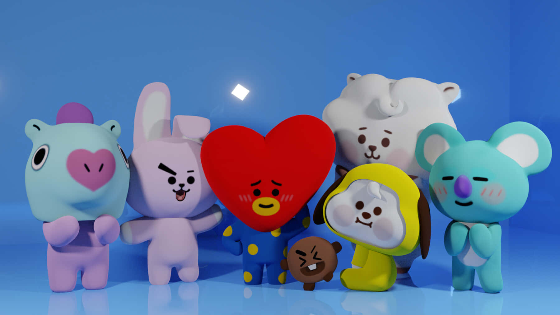 BT21卡通角色在藍色工作室環境中站在一起。