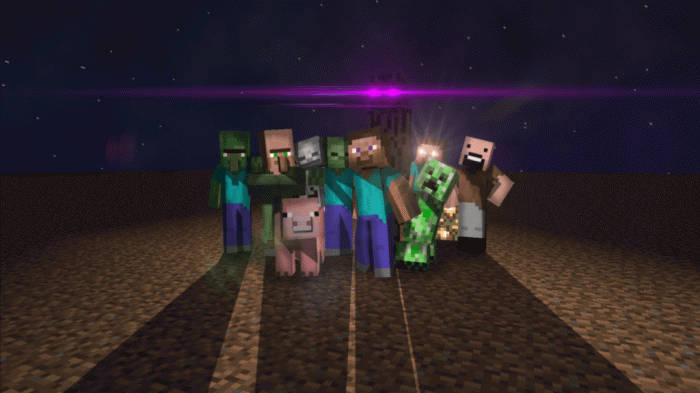 Minecraft角色，包括喪屍和一隻豬，站在星空夜空下，帶有紫色光芒。