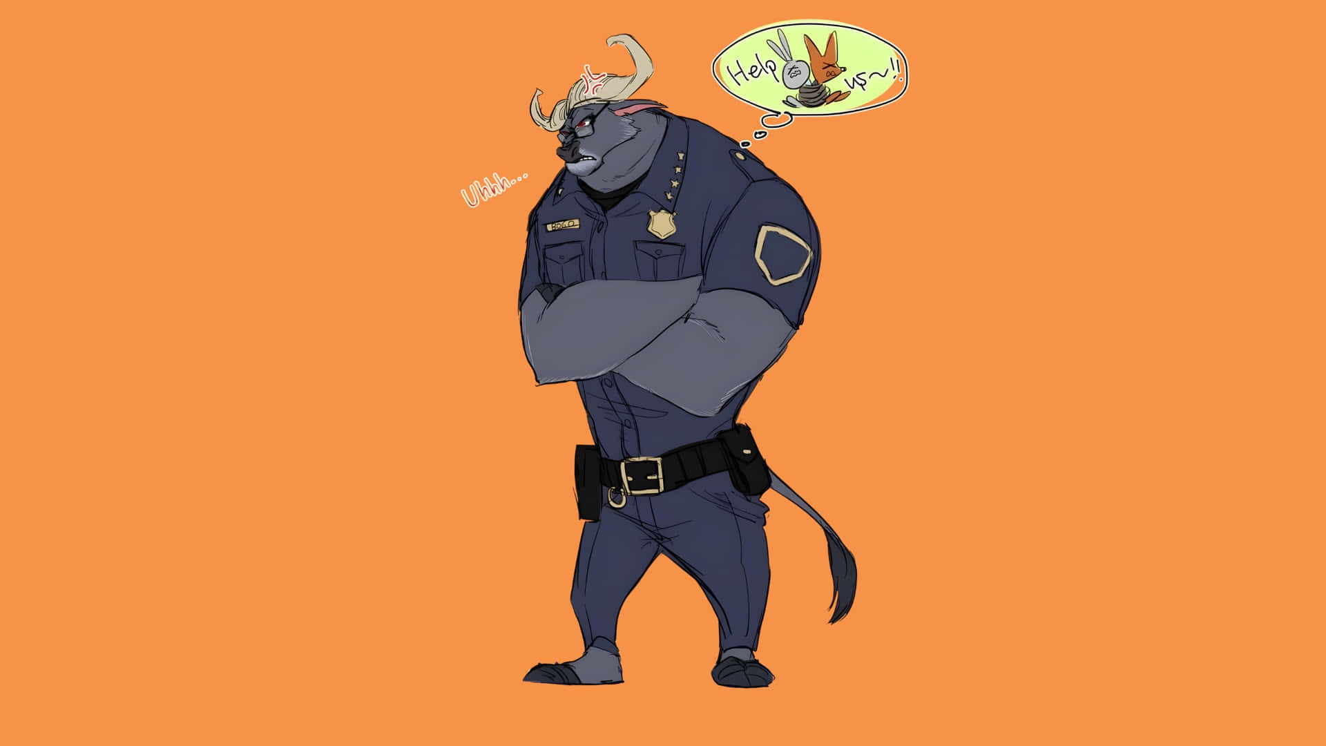  壁紙 — 一個脾氣暴躁的公牛警察穿著藍色制服，雙臂交叉站在純橙色背景前，有一個對話氣泡顯示一隻兔子在求救。