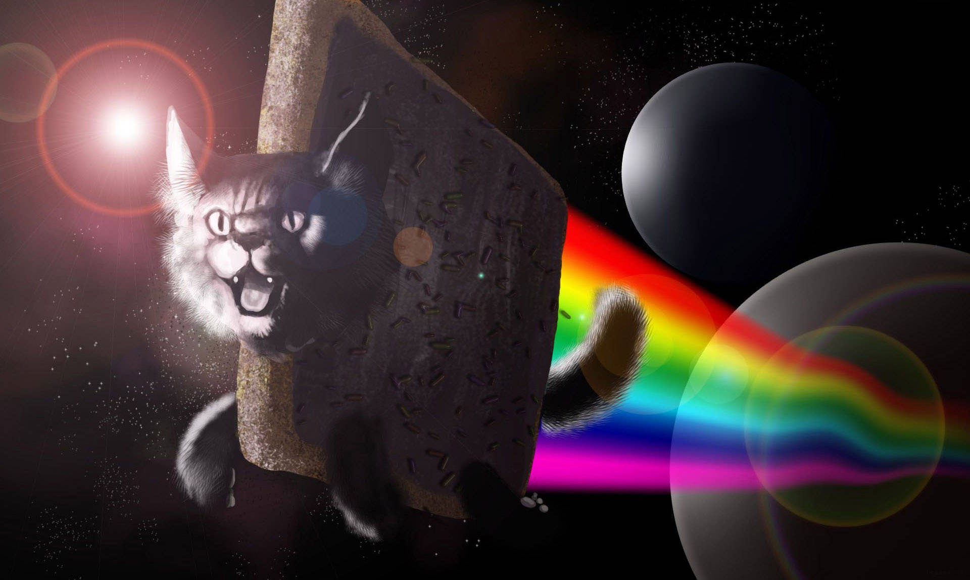 「我是NYAN，超開心！」 壁紙 — 一隻脾氣暴躁的貓穿著太空衣，帶著彩虹尾跡，在行星附近的星空宇宙中疾馳。