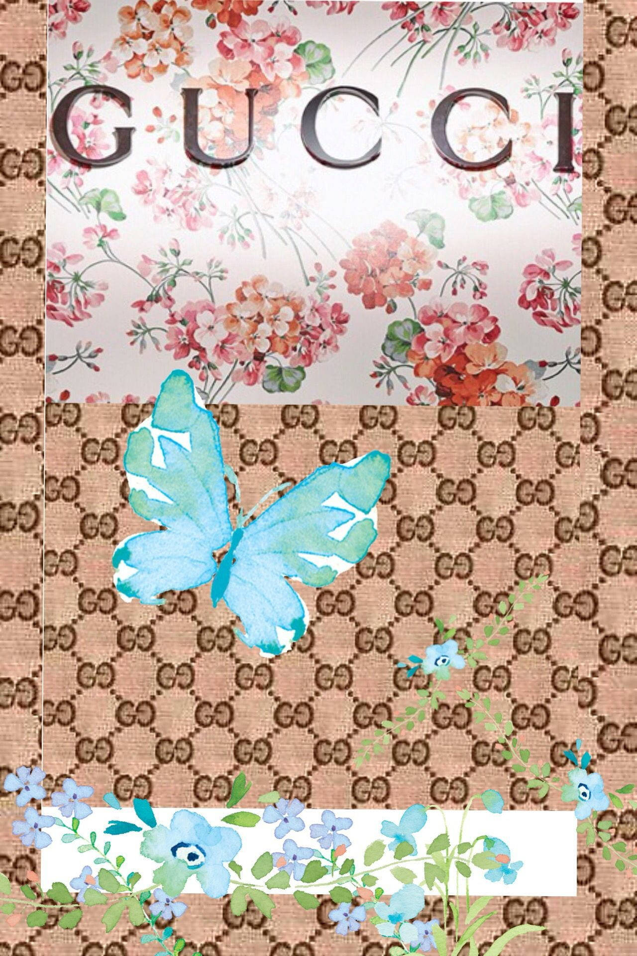 Gucci 花卉及字母組合圖案牆紙上的藍色蝴蝶。 — 唯美蝴蝶動圖 壁紙