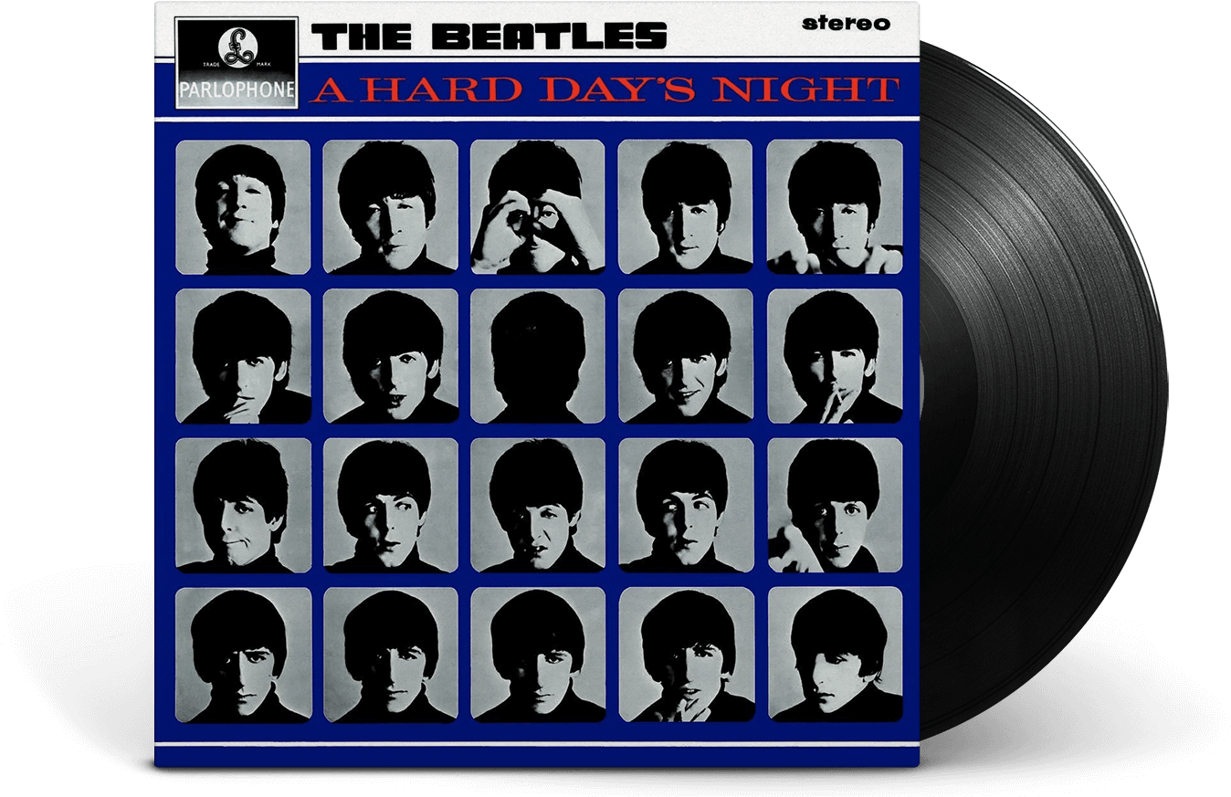 披頭四《A Hard Day's Night》專輯封面 壁紙 — 披頭四樂隊專輯《A Hard Day's Night》的復古封面，以標誌性的黑白肖像網格排列在鮮明的藍色背景上。
