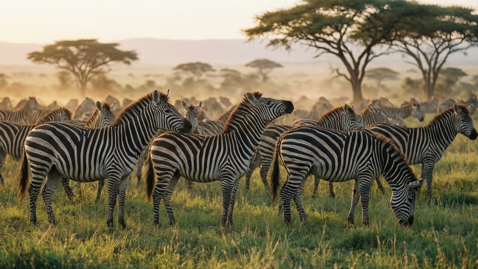 4K Wildlife 桌布 壁紙 — 一群斑馬在非洲大草原的金色晨光下，在金合歡樹下吃草。