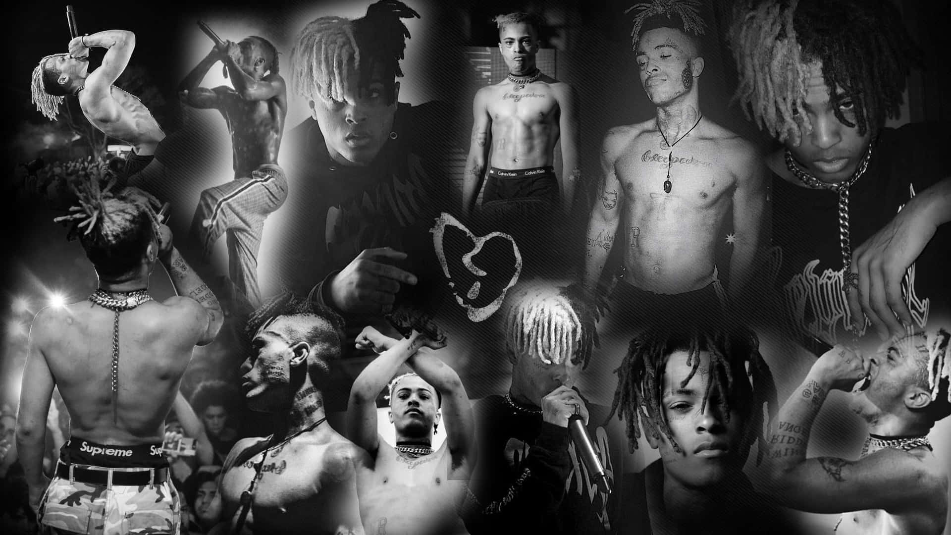  壁紙 — 一張高對比度的黑白拼貼畫，展示XXXTentacion的多種姿勢，包括紋身、鏈條和富有表現力的面部表情。