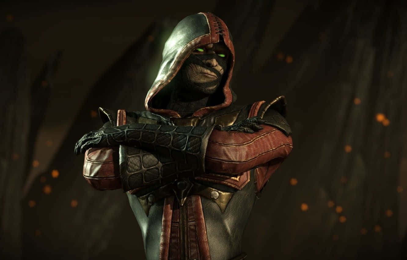 Mortal Kombat Ermac 桌布 壁紙 — 一個戴著兜帽、眼睛發出綠光的刺客，在黑暗煙霧瀰漫的環境中交叉雙臂站立，周圍有漂浮的餘燼。