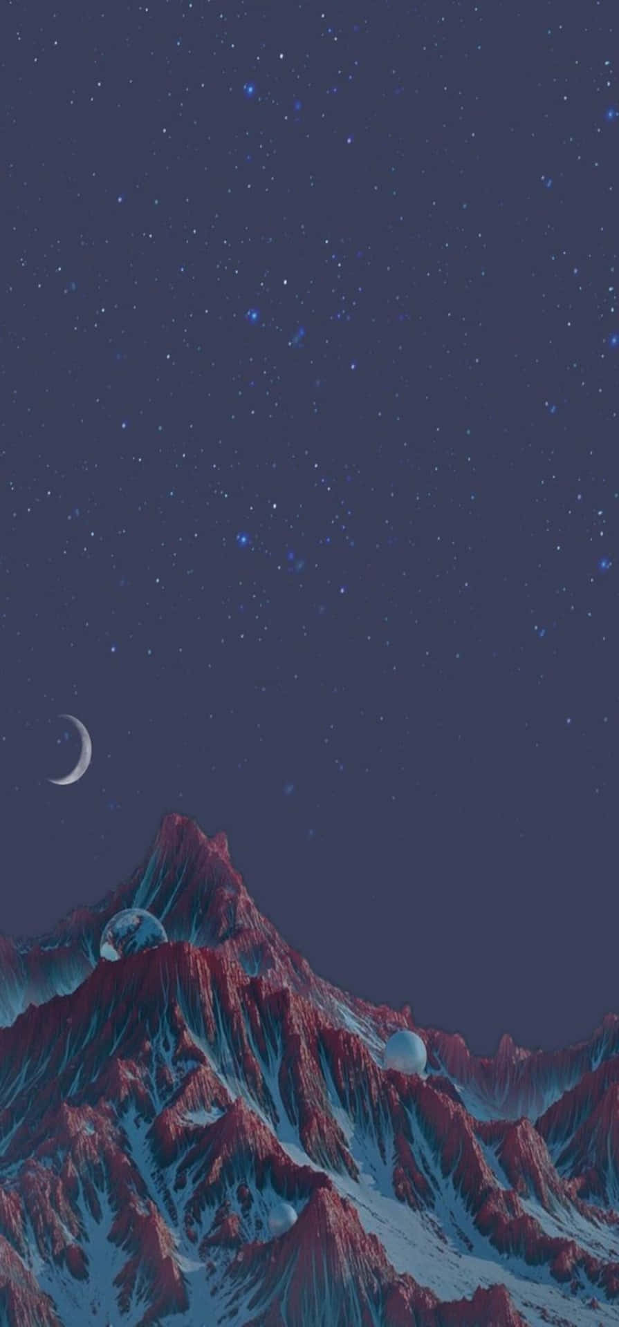  壁紙 — 鋸齒狀山脈，星空下，新月與發光球體嵌於山頂。
