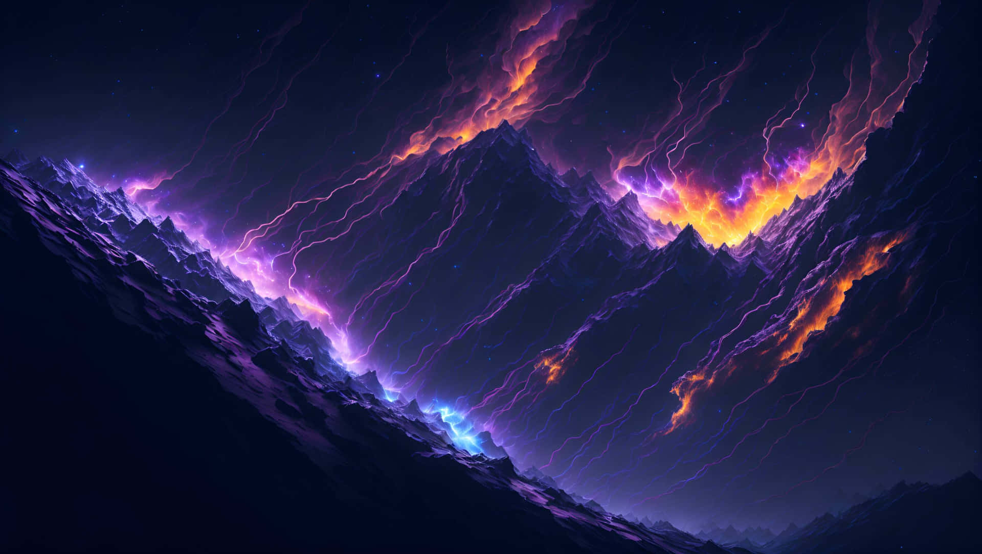  壁紙 — 在暴風雨的天空下，鋸齒狀的山脈被鮮豔的紫色和橙色閃電照亮夜晚的山峰。