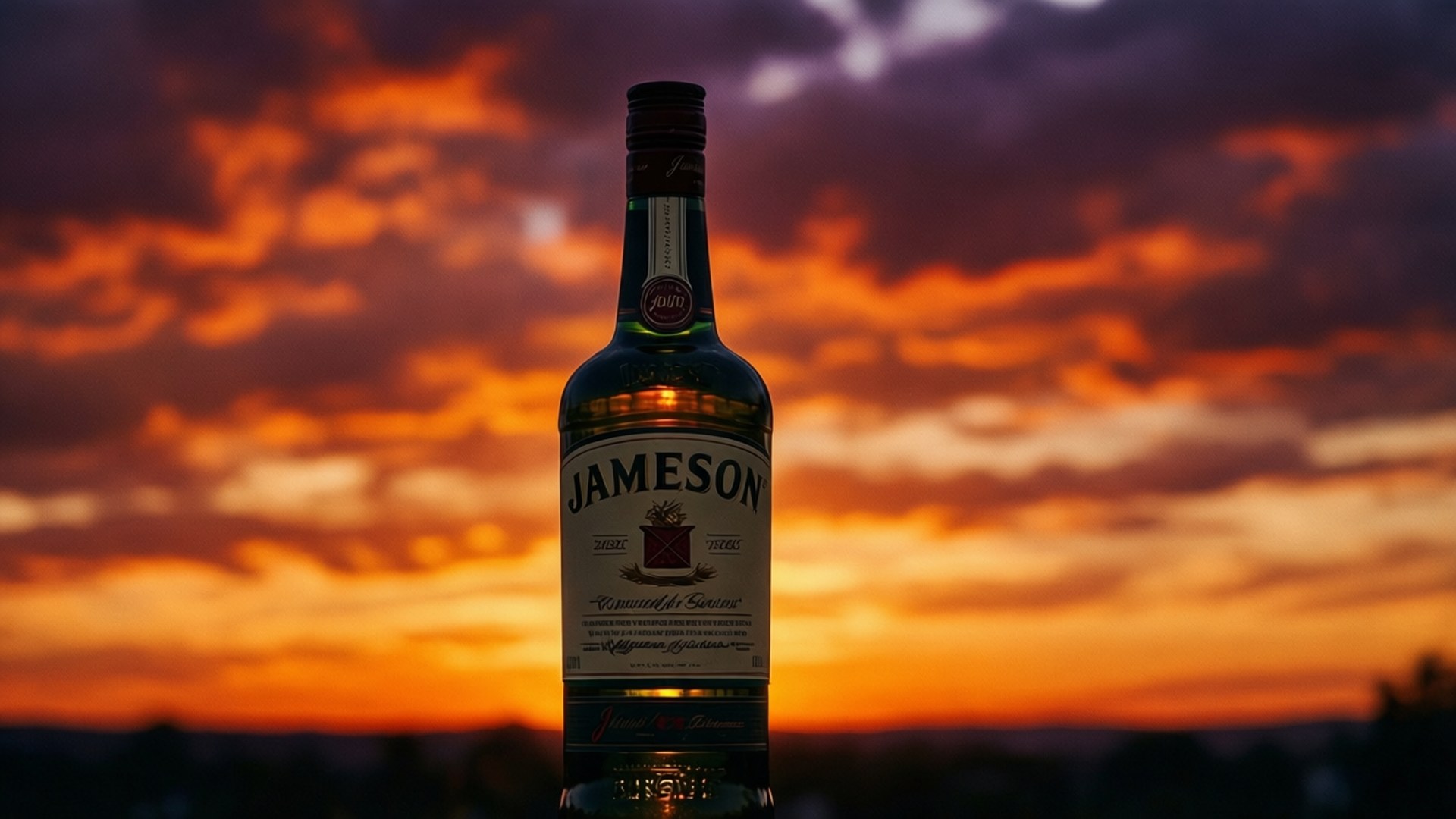 Jameson威士忌酒瓶在鮮豔的日落天空下