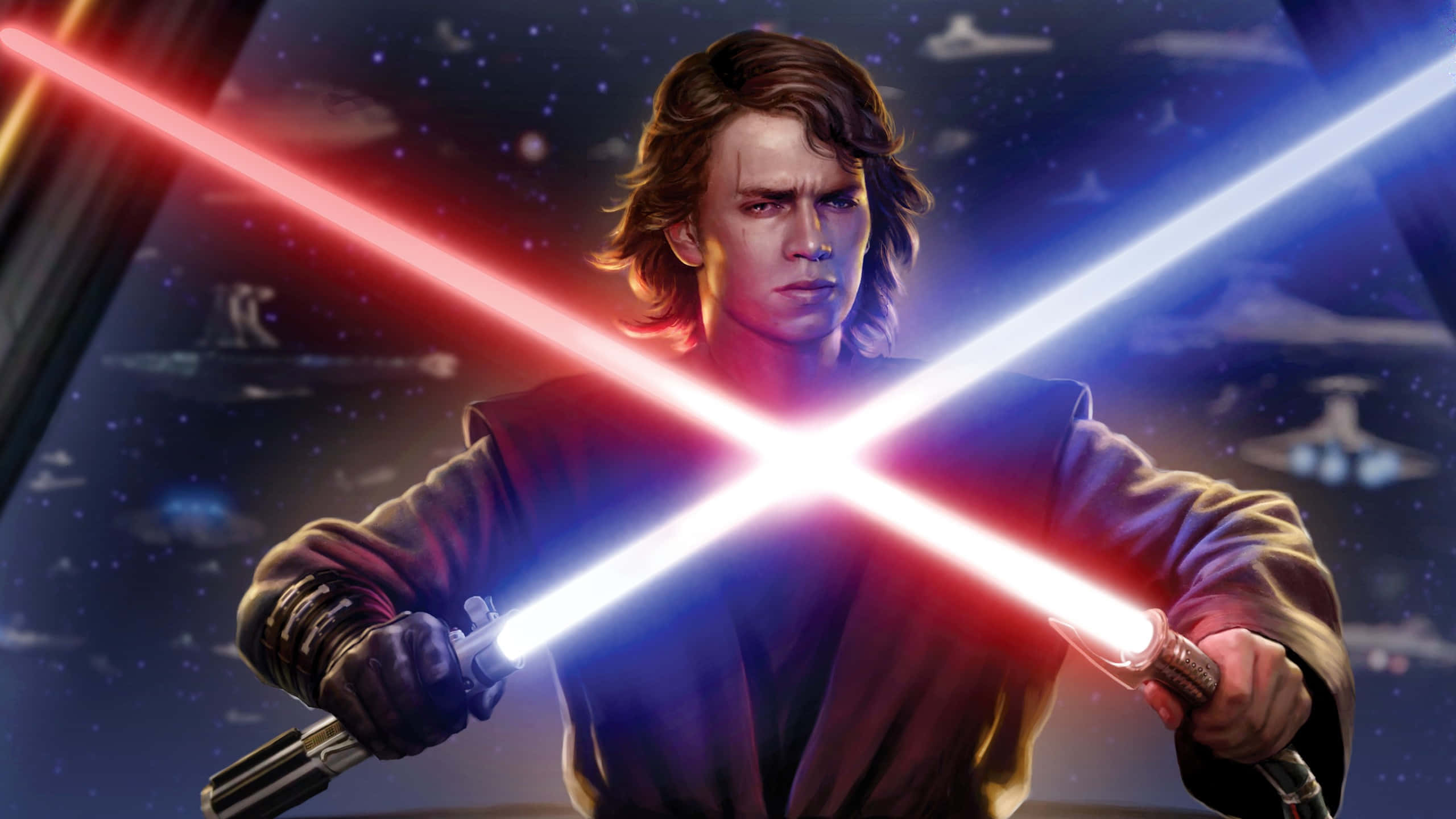 Anakin 桌布 壁紙 — 一名絕地武士在星空太空背景和星際戰機的襯托下交叉紅色和藍色光劍。