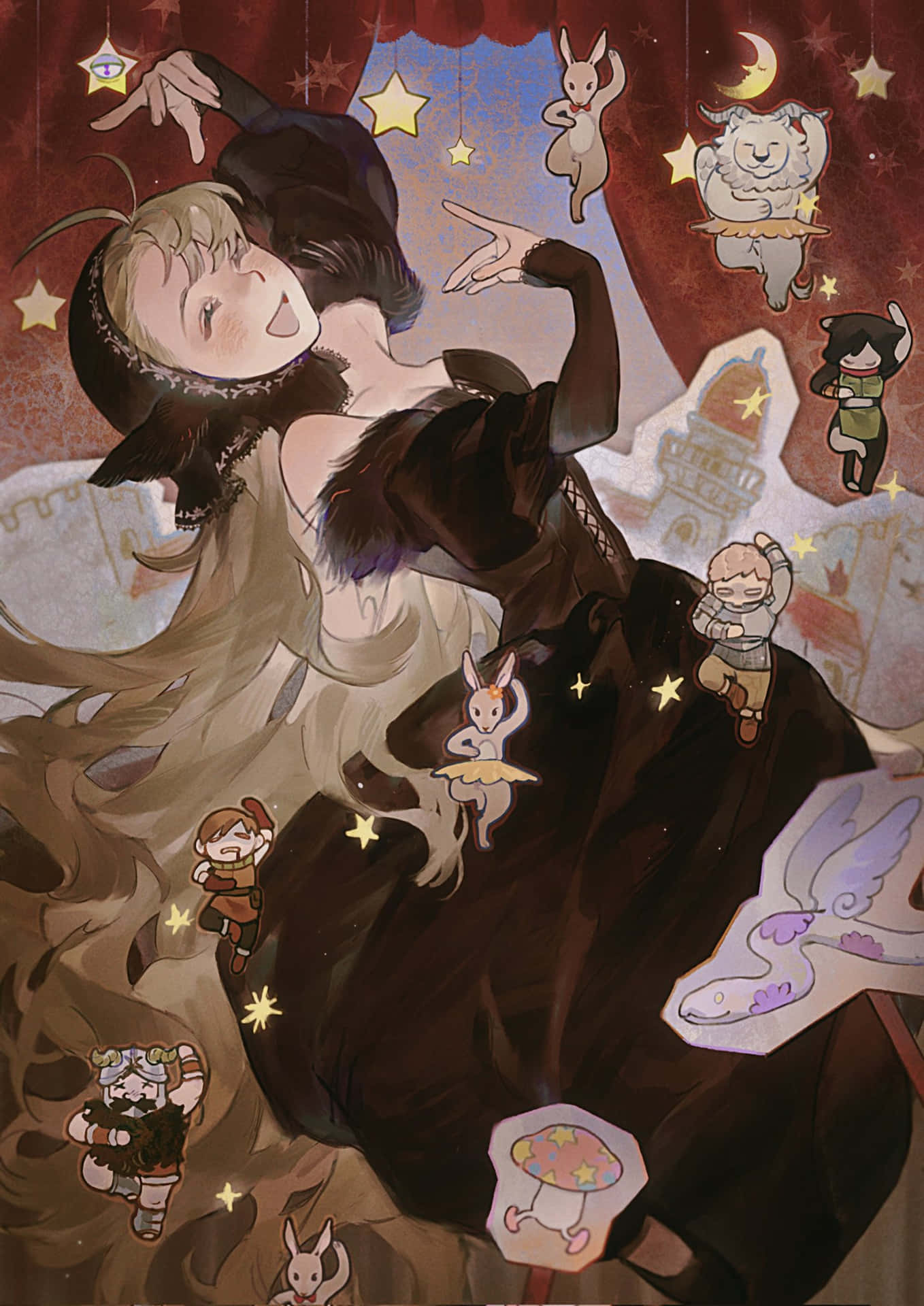  壁紙 — 一個快樂的動漫女孩穿著深色連衣裙，在漂浮的星星和異想天開的生物中跳舞，背景是一個神奇的劇院。