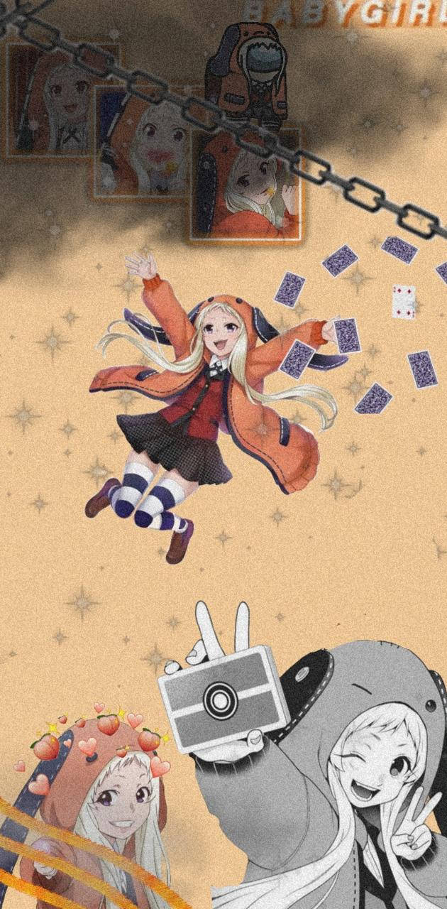動漫女孩穿著橙色外套，漂浮在墜落卡片和鏈條上的肖像之間。