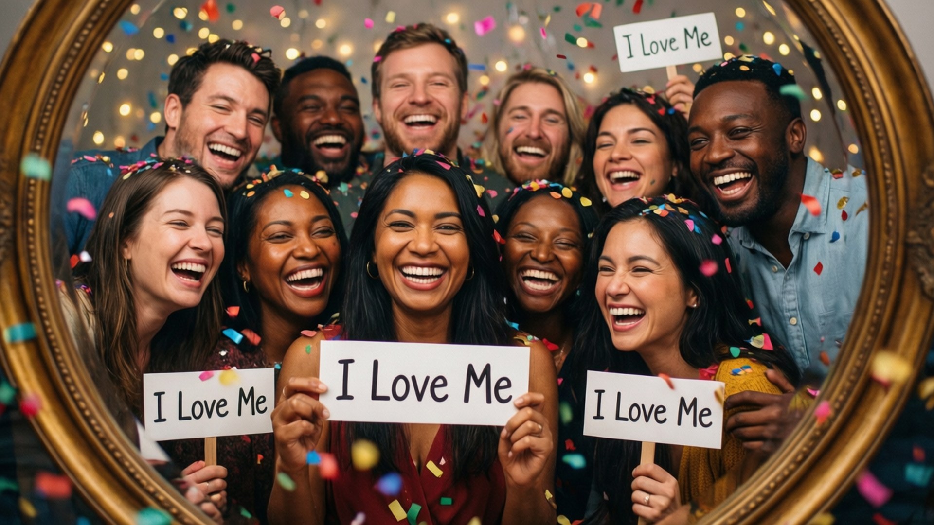 多元群體在金色鏡框內手持「I Love Me」標語和五彩紙屑大笑。