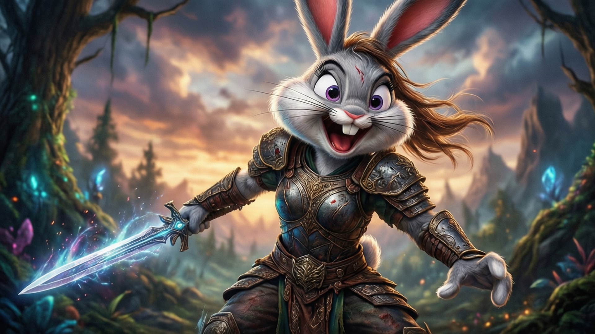 Lola Bunny 桌布 壁紙 — 一隻快樂的兔子戰士身穿華麗盔甲，在日落時分的神秘森林中揮舞著發光的劍。