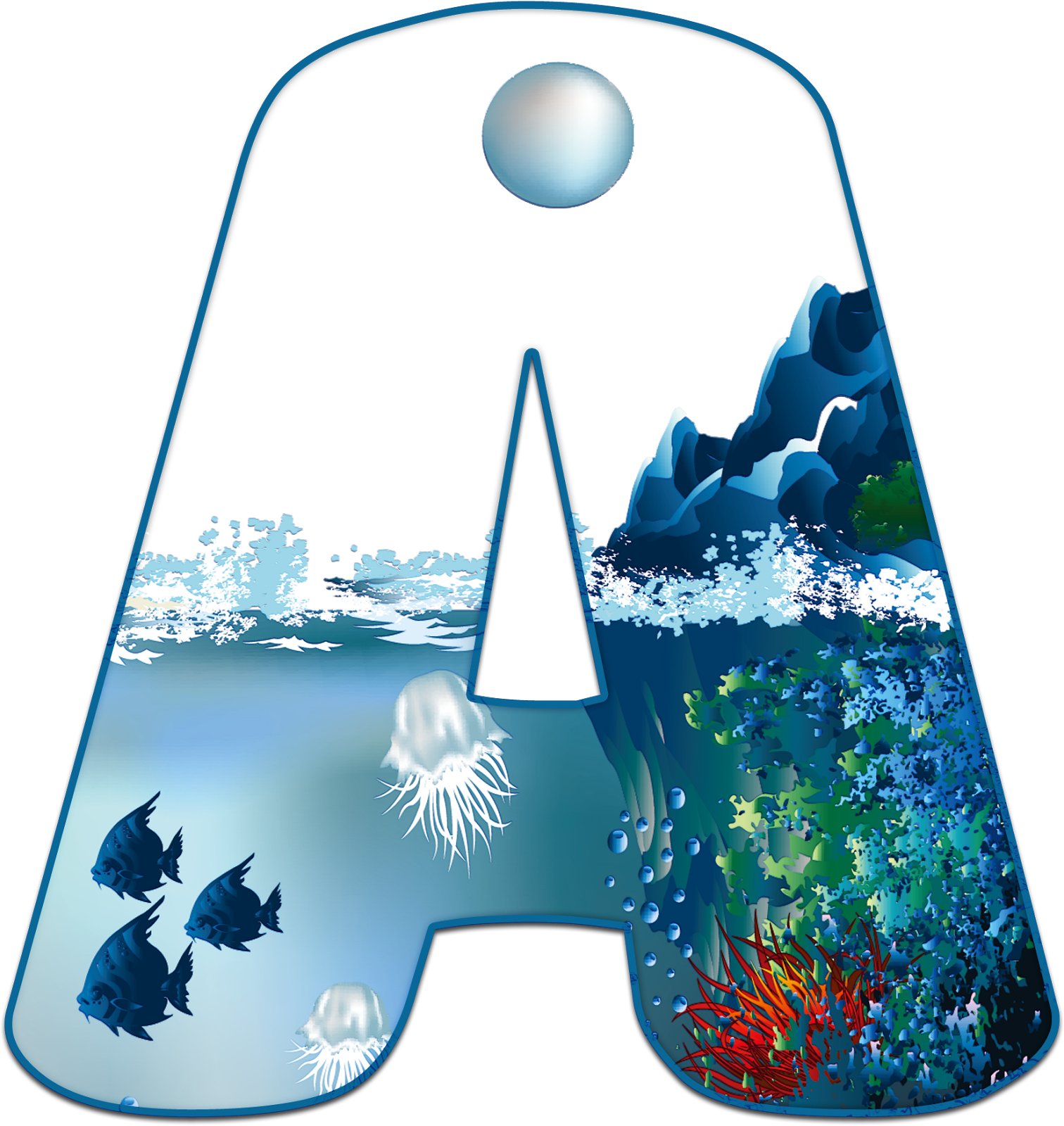 水下字母A場景 壁紙 — 字母A框住一個水下場景，有魚、水母、珊瑚和波浪上方的月亮。