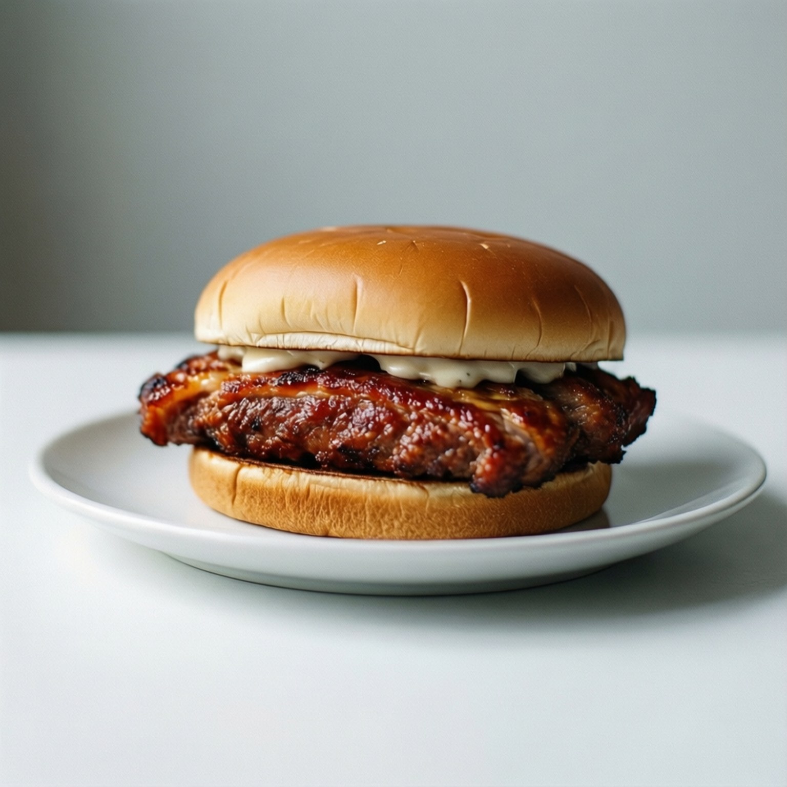 Minimal McRib 壁紙 — 一個多汁的烤漢堡配融化芝士，放在白色盤子上，背景是柔和的灰色。
