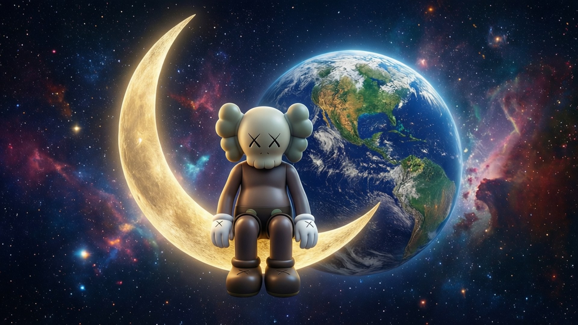 KAWS角色坐在彎月上，地球和星雲在太空中。